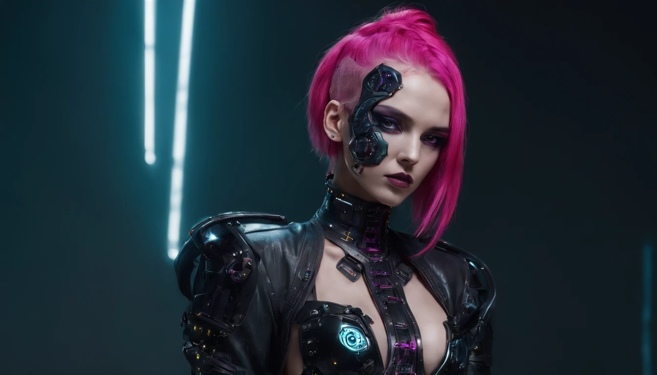 Cyberpunk woman posing for a photoshoot, bizarre fashion, sexy outfit, punk fashion, leotard, bodysuit, cyberpunk style.