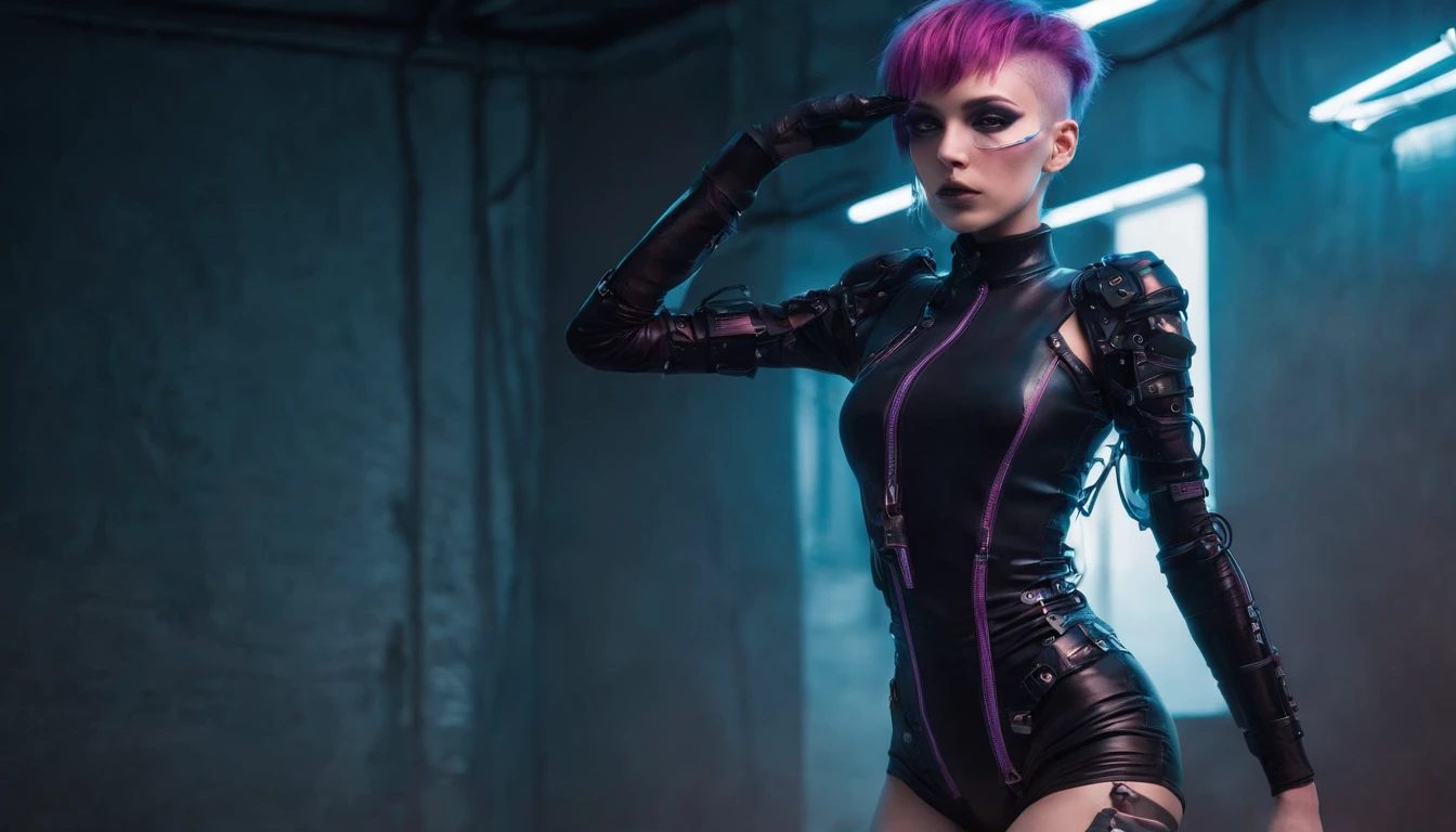 Cyberpunk woman posing for a photoshoot, bizarre fashion, sexy outfit, punk fashion, leotard, bodysuit, cyberpunk style.