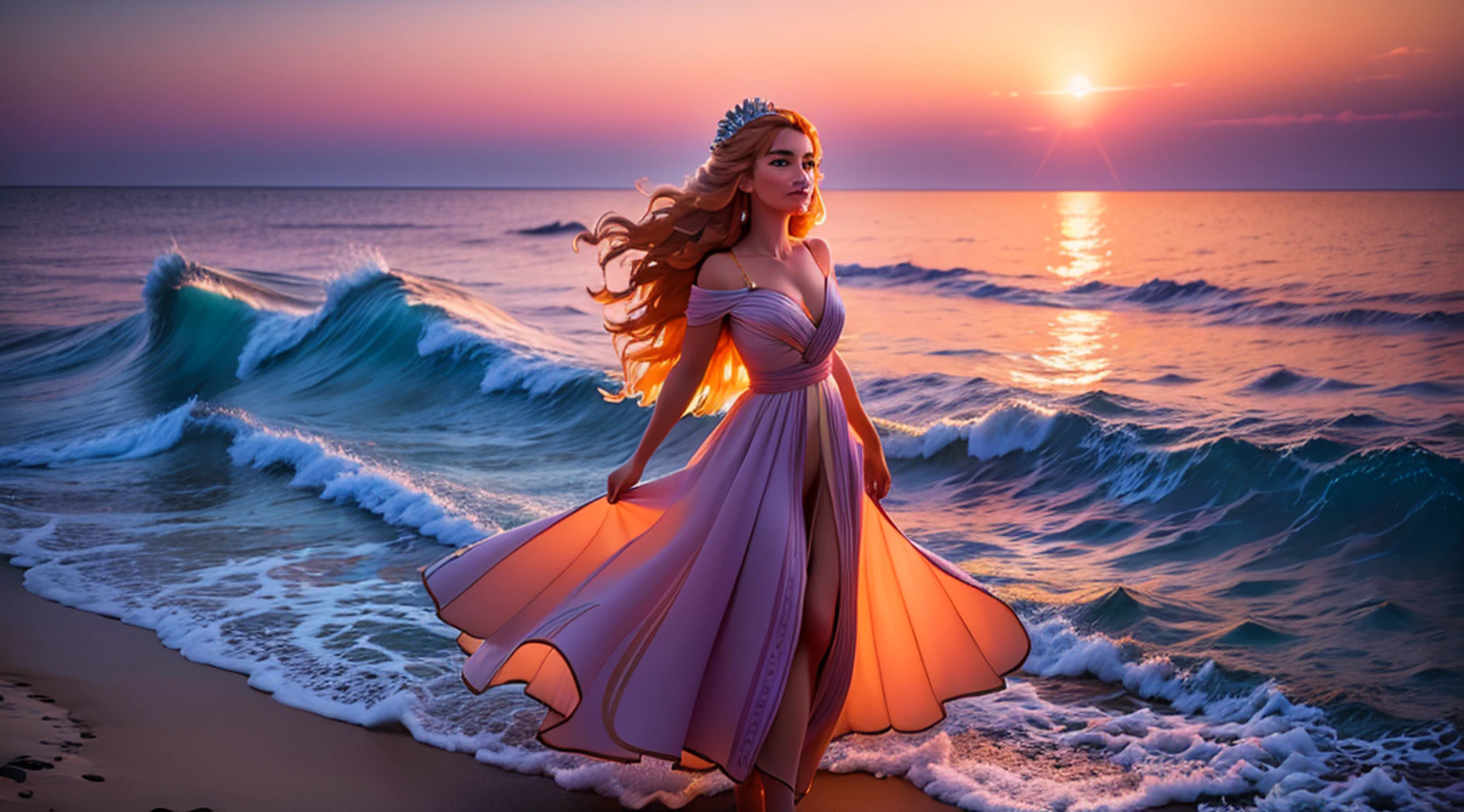 (master part, high resolution, illustration:1.2), Radiant young woman in a flowing dress, (Graceful and ethereal presence:1.1), (sol dourado afundando sob o horizonte:1.2), (suave brisa do mar acariciando suas bochechas:1.2), (Praia tranquila e isolada com palmeiras:1.1), (Pastels painting the sky in shades of pink and orange:1.2), (ondas suaves que atingem a costa arenosa:1.1), (gaivotas deslizando pelo ar:1.2), a moment of enchantment and serenity in the paradisiacal Maldives, Artistic details, Captivating composition.