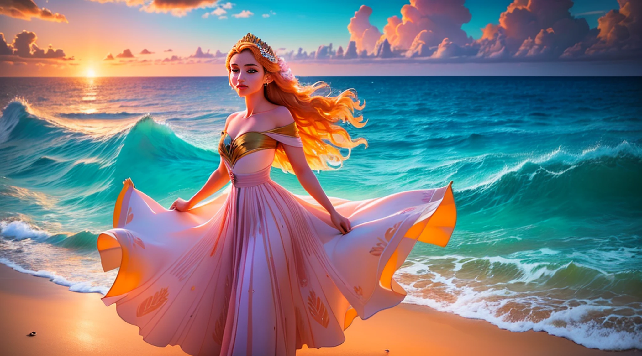 (master part, high resolution, illustration:1.2), Radiant young woman in a flowing dress, (Graceful and ethereal presence:1.1), (sol dourado afundando sob o horizonte:1.2), (suave brisa do mar acariciando suas bochechas:1.2), (Praia tranquila e isolada com palmeiras:1.1), (Pastels painting the sky in shades of pink and orange:1.2), (ondas suaves que atingem a costa arenosa:1.1), (gaivotas deslizando pelo ar:1.2), a moment of enchantment and serenity in the paradisiacal Maldives, Artistic details, Captivating composition.