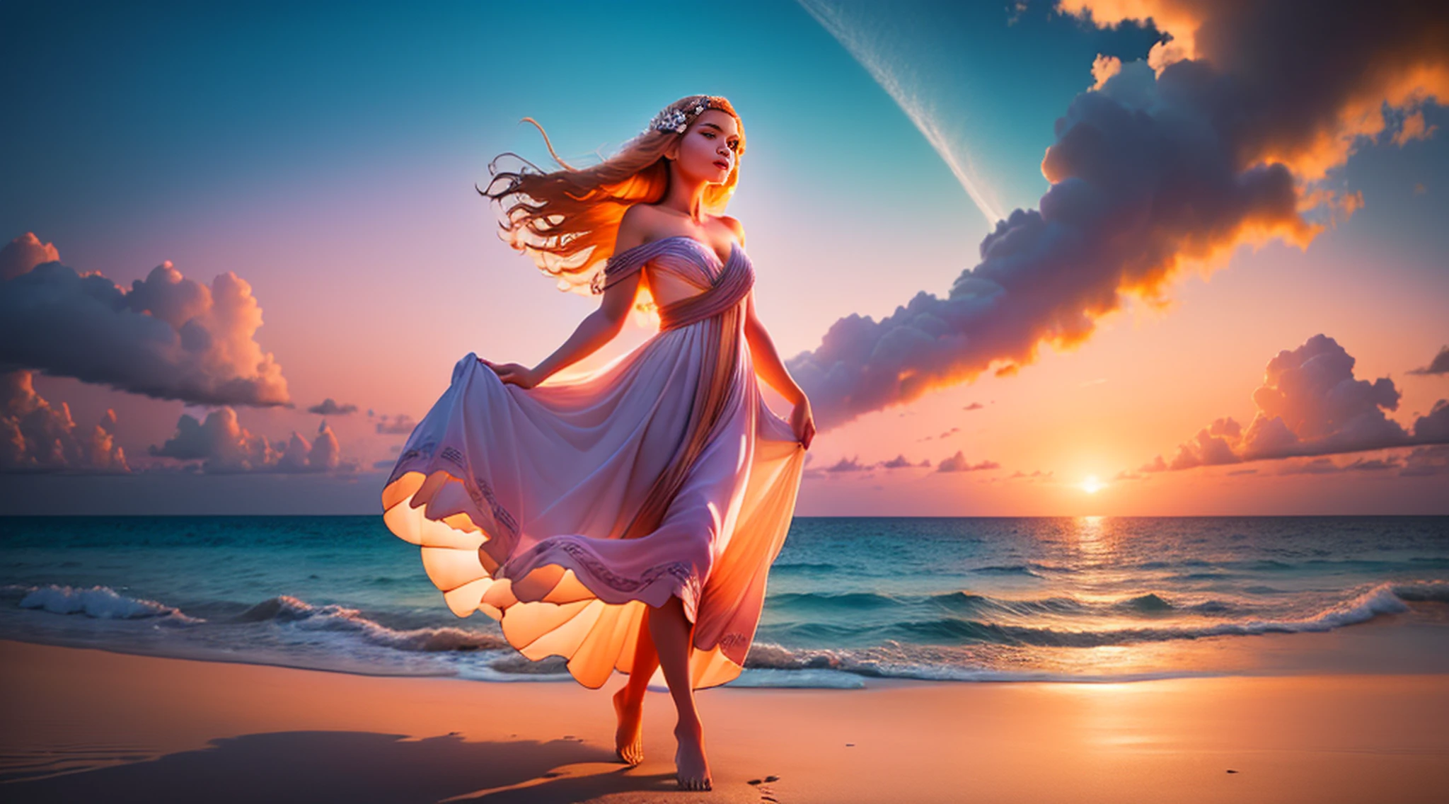 (master part, high resolution, illustration:1.2), Radiant young woman in a flowing dress, (Graceful and ethereal presence:1.1), (sol dourado afundando sob o horizonte:1.2), (suave brisa do mar acariciando suas bochechas:1.2), (Praia tranquila e isolada com palmeiras:1.1), (Pastels painting the sky in shades of pink and orange:1.2), (ondas suaves que atingem a costa arenosa:1.1), (gaivotas deslizando pelo ar:1.2), a moment of enchantment and serenity in the paradisiacal Maldives, Artistic details, Captivating composition.