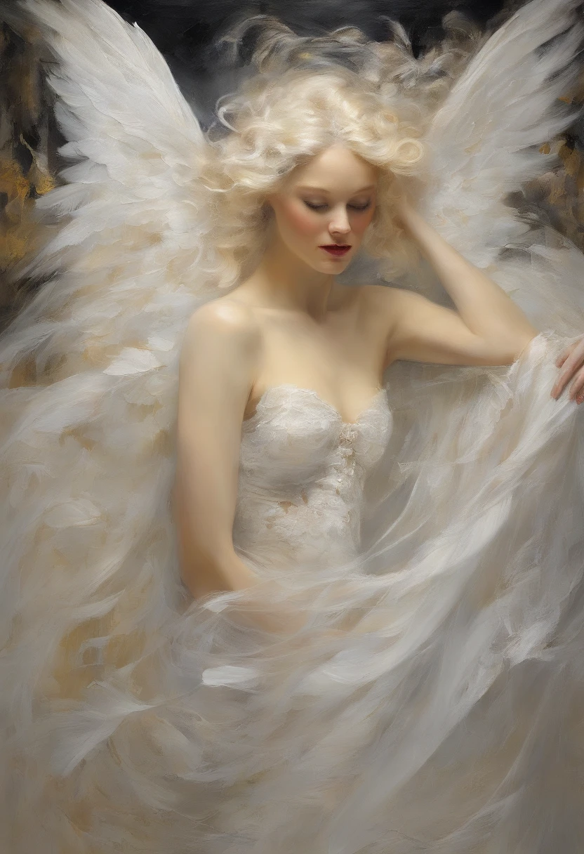 sisterhood, silber hair, Angel wings made of feathers, elf-ears, Transparent finish, Realistic body lines, (((Many long white lace bales flutter in the wind))), (Silk Gold and Silver Lingerie), church stained glass, Church candles, albino
