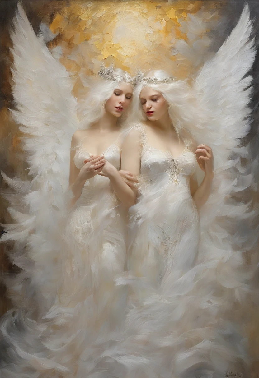 sisterhood, silber hair, Angel wings made of feathers, elf-ears, Transparent finish, Realistic body lines, (((Many long white lace bales flutter in the wind))), (Silk Gold and Silver Lingerie), church stained glass, Church candles, albino