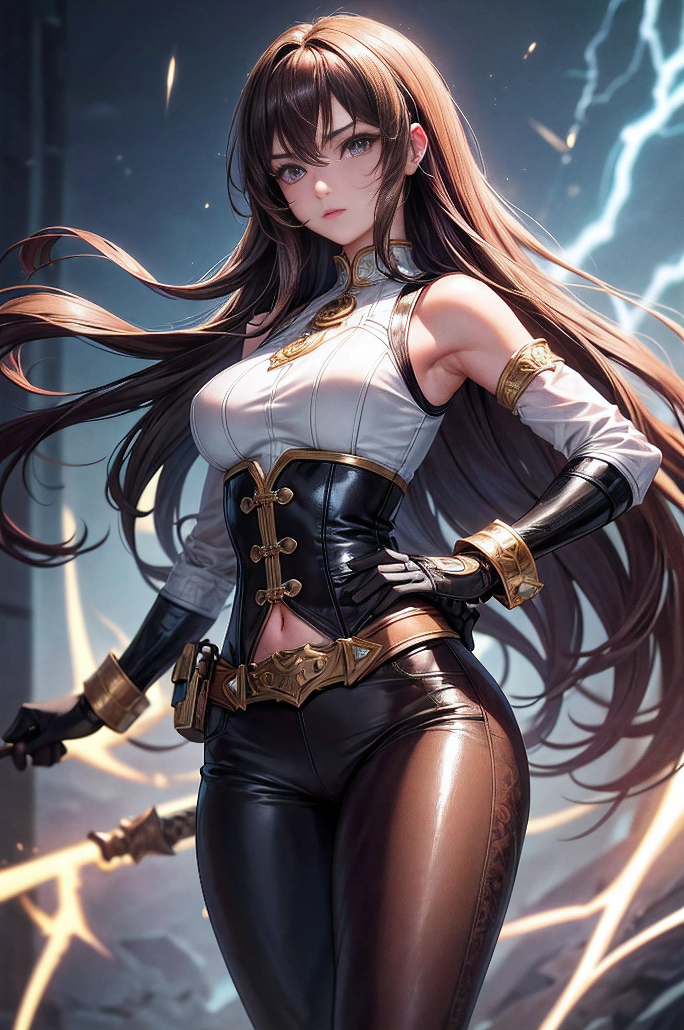 (medium breast)), (perfect body : 1.1), (lond hair : 1.2), (extremely detailed CG 8k wallpaper), (an extremely delicate and beautiful), (masterpiece), (best quality:1.0), (ultra highres:1.0), beautiful lighting ,perfect lightning, realistic shadows, [highres], detailed skin, ultra-detailed (((colorful))),high realistic, Adult woman, solo girl, purple eyes, ultra-detailed face, estern face, detailed lips, detailed eyes, double eyelid, long brown hair, full body shot, wearing leather joga pants , white corset with small vest, fighting pose, lightning aura