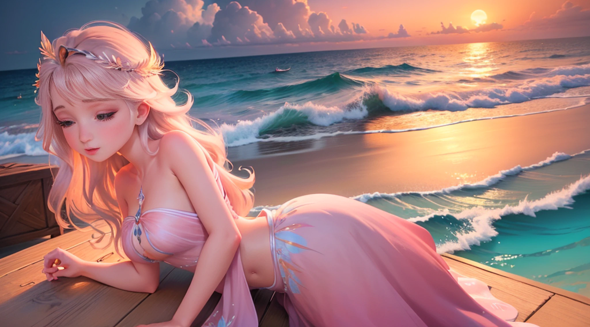 (master part, high resolution, illustration:1.2), Radiant young woman in a flowing dress, (Graceful and ethereal presence:1.1), (sol dourado afundando sob o horizonte:1.2), (suave brisa do mar acariciando suas bochechas:1.2), (Praia tranquila e isolada com palmeiras:1.1), (Pastels painting the sky in shades of pink and orange:1.2), (ondas suaves que atingem a costa arenosa:1.1), (gaivotas deslizando pelo ar:1.2), a moment of enchantment and serenity in the paradisiacal Maldives, Artistic details, Captivating composition.