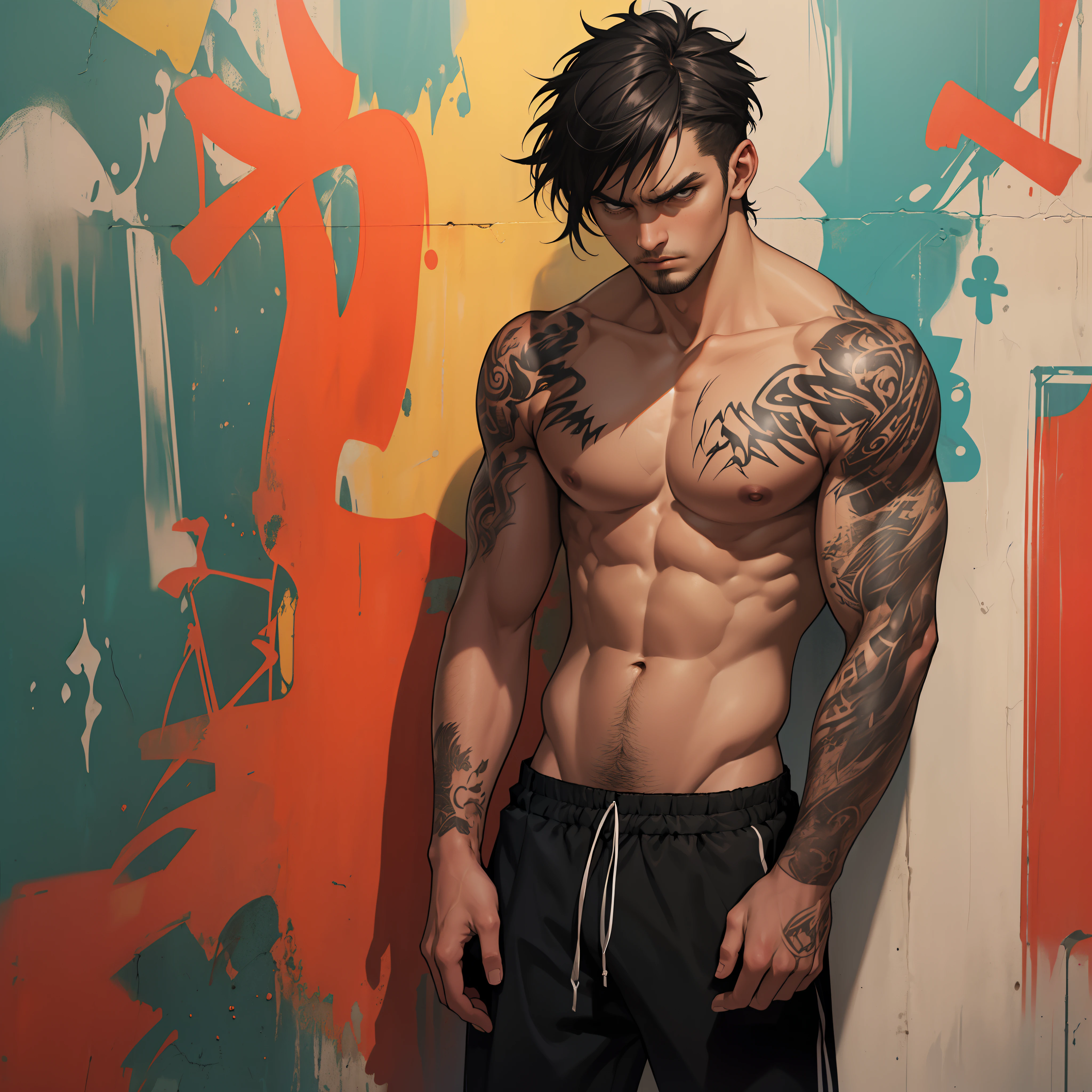 young Mexican guy, tan skin, grunge graffiti scene, light body hair, covered in tattoos, ((skinny small)), badass, bad attitude, scowling, ((he is solo)), ((he is alone)),