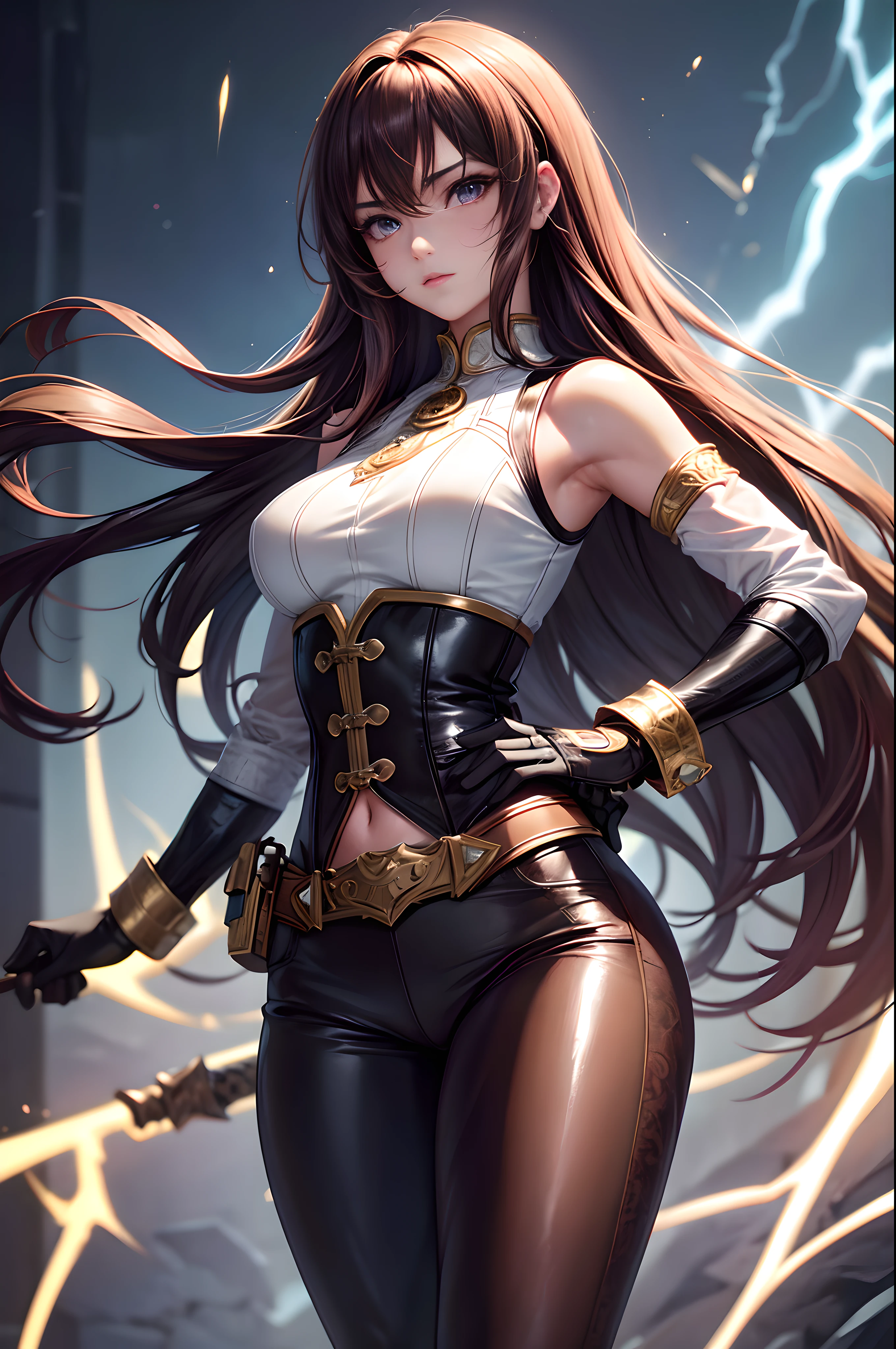 (medium breast)), (perfect body : 1.1), (lond hair : 1.2), (extremely detailed CG 8k wallpaper), (an extremely delicate and beautiful), (masterpiece), (best quality:1.0), (ultra highres:1.0), beautiful lighting ,perfect lightning, realistic shadows, [highres], detailed skin, ultra-detailed (((colorful))),high realistic, Adult woman, solo girl, purple eyes, ultra-detailed face, estern face, detailed lips, detailed eyes, double eyelid, long brown hair, full body shot, wearing leather joga pants , white corset with small vest, fighting pose, lightning aura