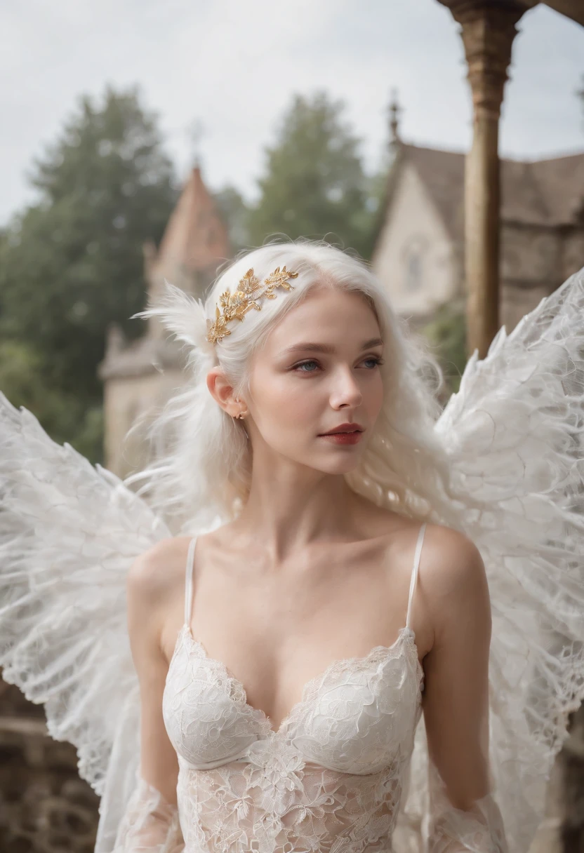 sisterhood, silber hair, Angel wings made of feathers, elf-ears, Transparent finish, Realistic body lines, (((Many long white lace bales flutter in the wind))), (Silk Gold and Silver Lingerie), church stained glass, Church candles, albino