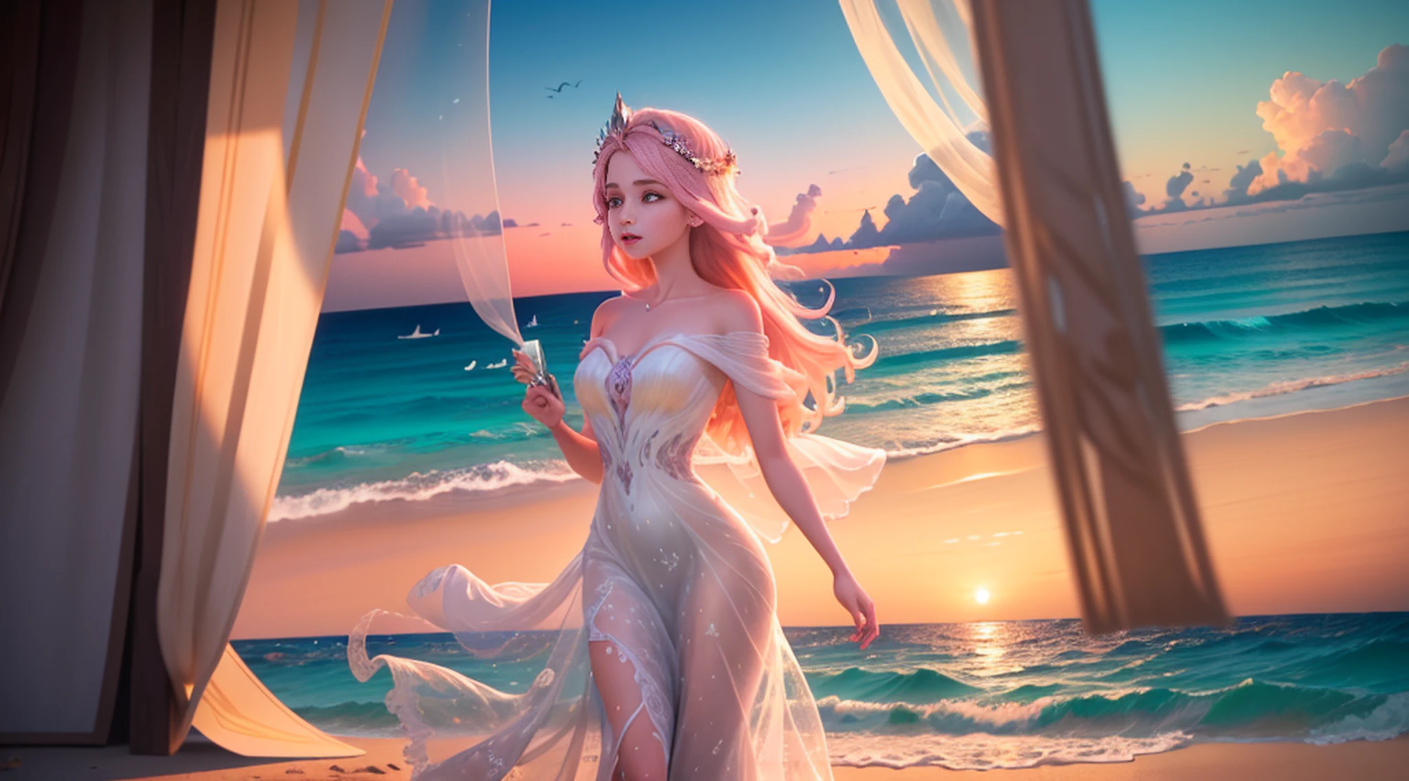(master part, high resolution, illustration:1.2), Radiant young woman in a flowing dress, (Graceful and ethereal presence:1.1), (sol dourado afundando sob o horizonte:1.2), (suave brisa do mar acariciando suas bochechas:1.2), (Praia tranquila e isolada com palmeiras:1.1), (Pastels painting the sky in shades of pink and orange:1.2), (ondas suaves que atingem a costa arenosa:1.1), (gaivotas deslizando pelo ar:1.2), a moment of enchantment and serenity in the paradisiacal Maldives, Artistic details, Captivating composition.