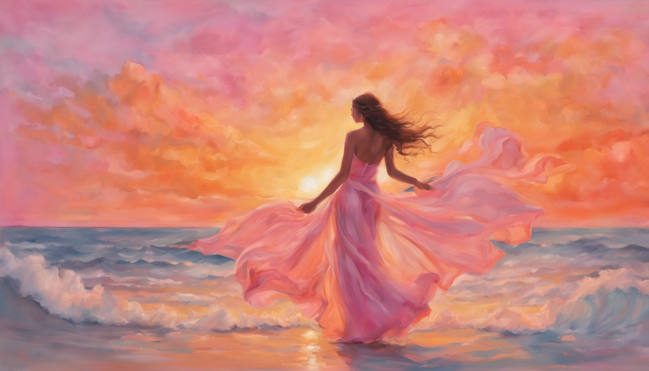 (master part, high resolution, illustration:1.2), Radiant young woman in a flowing dress, (Graceful and ethereal presence:1.1), (sol dourado afundando sob o horizonte:1.2), (suave brisa do mar acariciando suas bochechas:1.2), (Praia tranquila e isolada com palmeiras:1.1), (Pastels painting the sky in shades of pink and orange:1.2), (ondas suaves que atingem a costa arenosa:1.1), (gaivotas deslizando pelo ar:1.2), a moment of enchantment and serenity in the paradisiacal Maldives, Artistic details, Captivating composition.