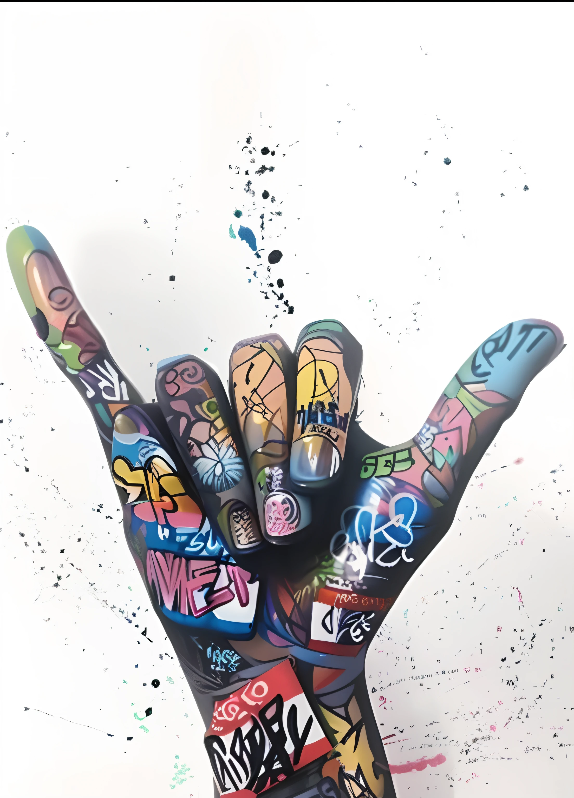 A closeup of a person's hand with a painted hand, colourful hand drawing, Hand Painted Style, Inspirado em grafite, graffiti painting, obras de arte impressionantes, acrylic and spraypaint, Graffiti Arte de Rua, multicolor, arte do grafite, estilo grafite, arte colorida, high detail of a hand, hand-painted, arte do spray, 5 dedos). corpo inteiro realista, muitos dedos
