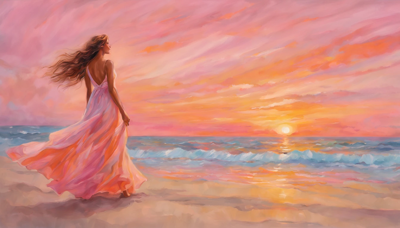 (master part, high resolution, illustration:1.2), Radiant young woman in a flowing dress, (Graceful and ethereal presence:1.1), (sol dourado afundando sob o horizonte:1.2), (suave brisa do mar acariciando suas bochechas:1.2), (Praia tranquila e isolada com palmeiras:1.1), (Pastels painting the sky in shades of pink and orange:1.2), (ondas suaves que atingem a costa arenosa:1.1), (gaivotas deslizando pelo ar:1.2), a moment of enchantment and serenity in the paradisiacal Maldives, Artistic details, Captivating composition.