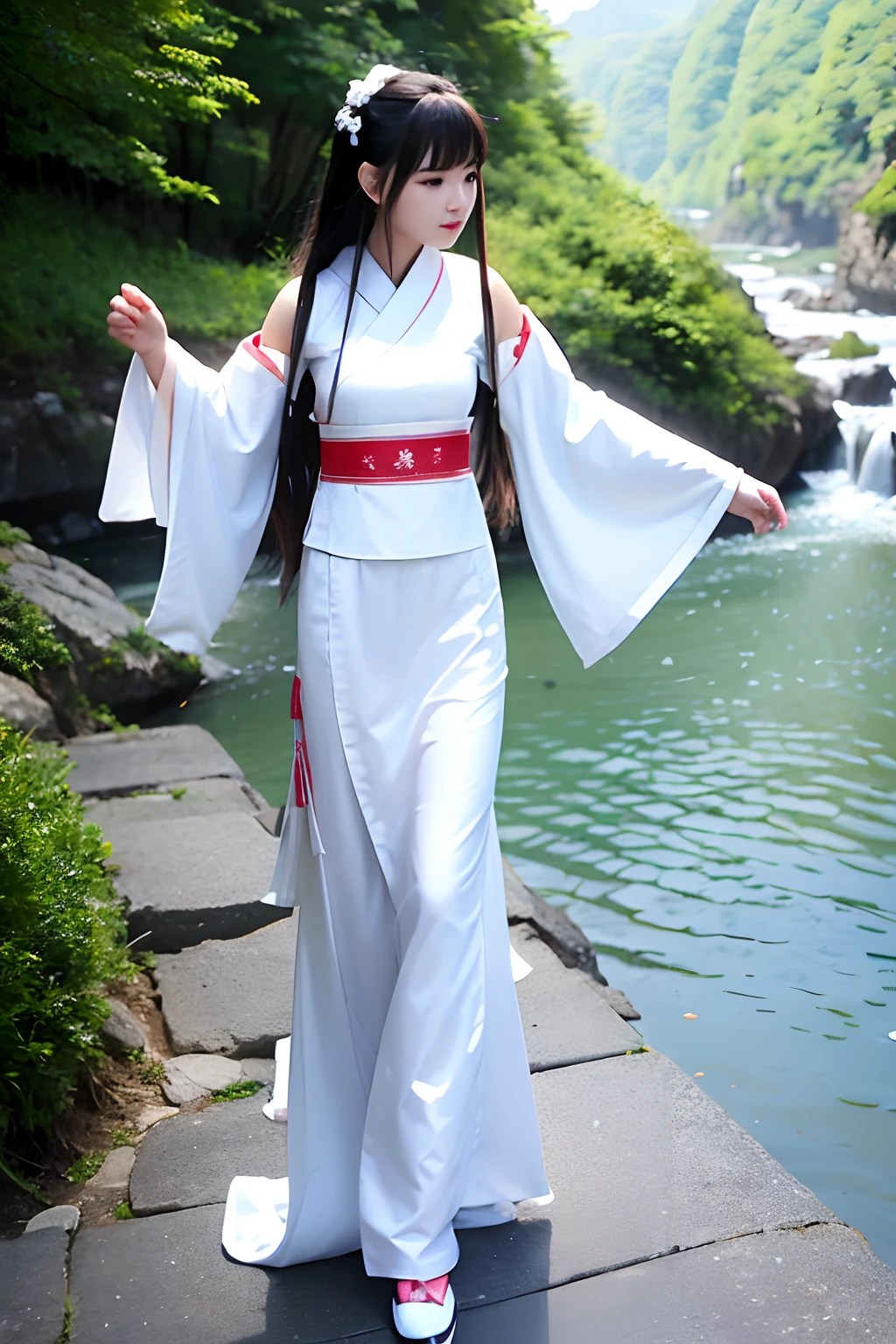 A 20-year-old woman,Wear white Hanfu,Walk among the mountains and rivers of Guilin.