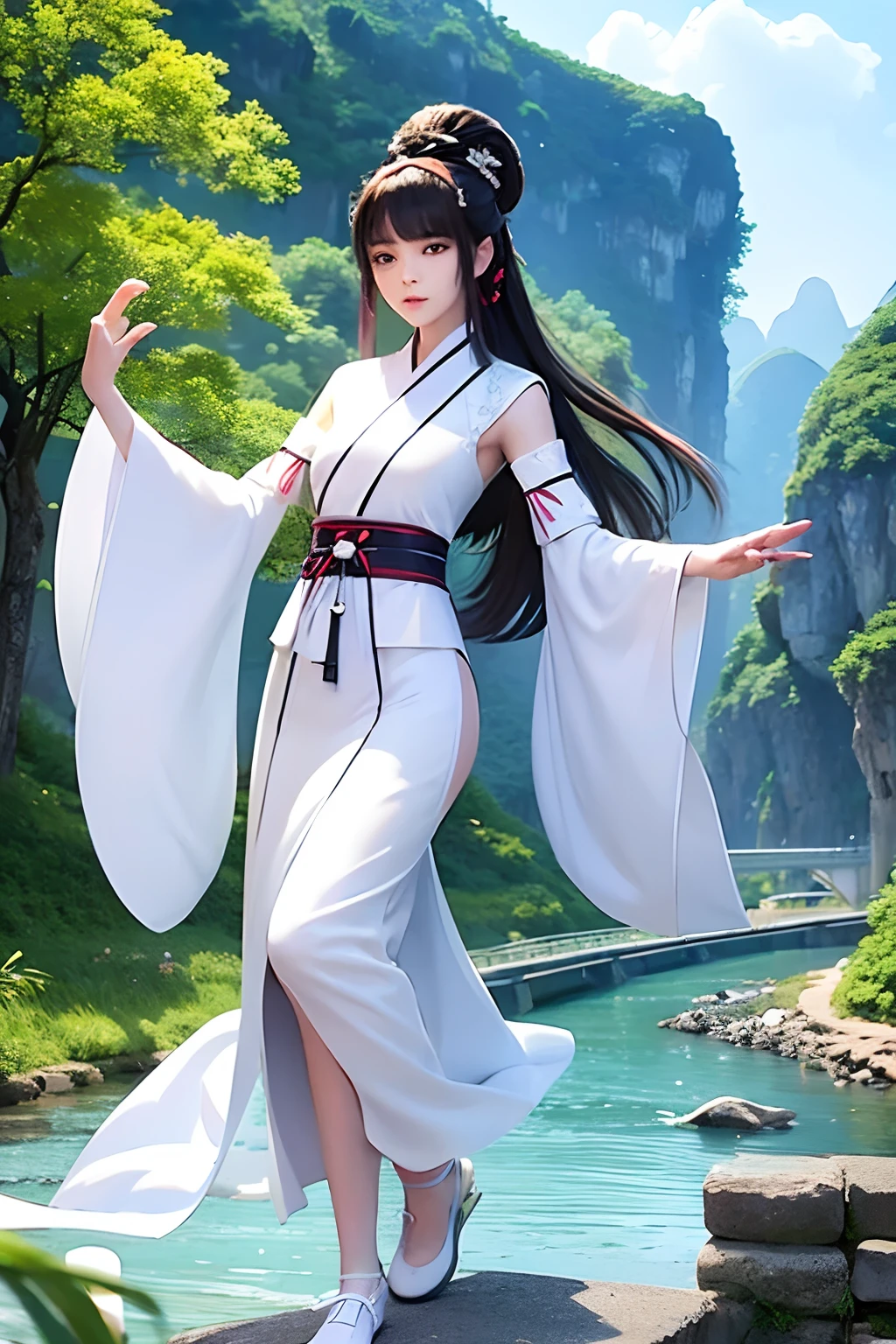 A 20-year-old woman,Wear white Hanfu,Walk among the mountains and rivers of Guilin.