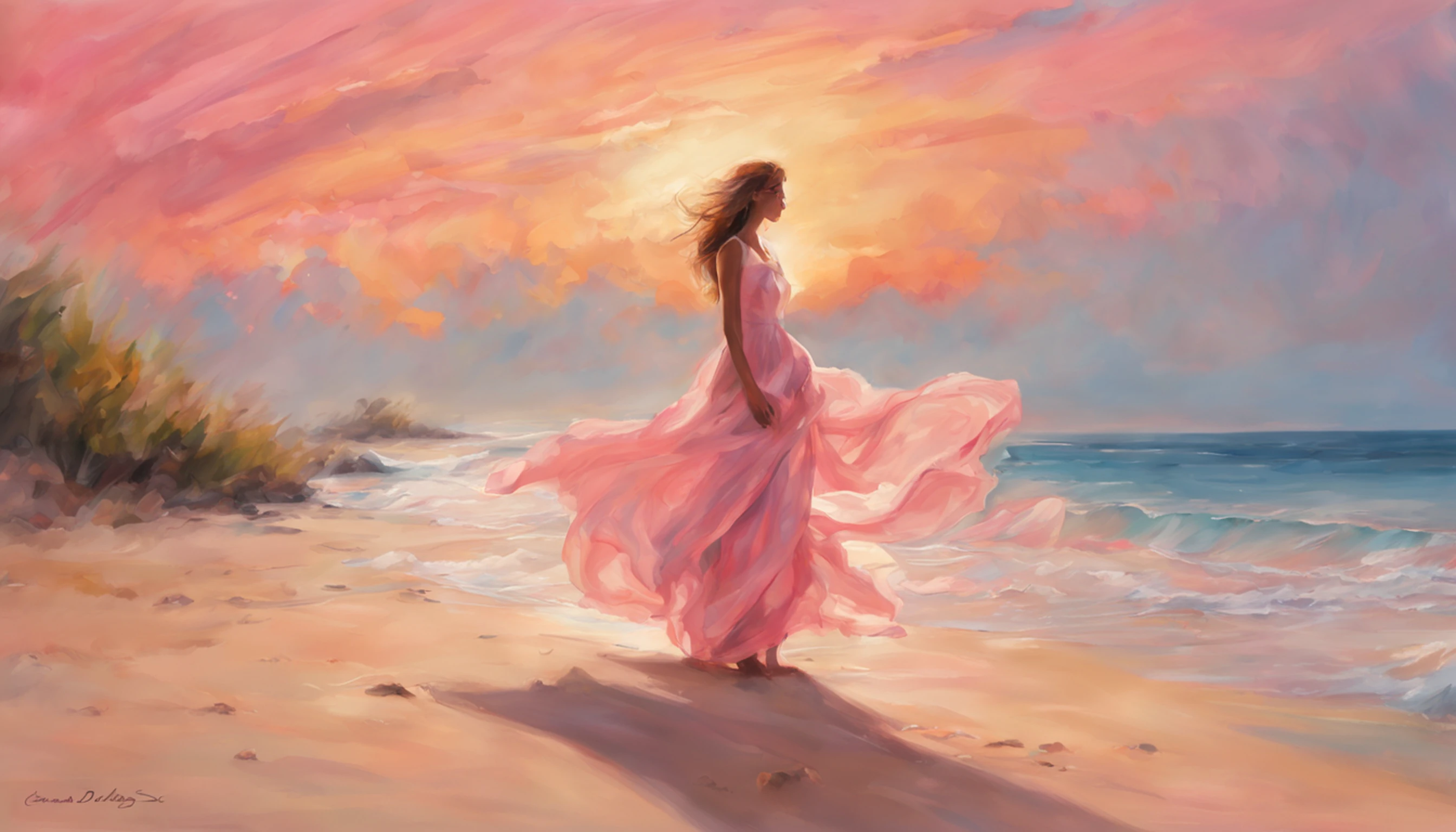 (master part, high resolution, illustration:1.2), Radiant young woman in a flowing dress, (Graceful and ethereal presence:1.1), (sol dourado afundando sob o horizonte:1.2), (suave brisa do mar acariciando suas bochechas:1.2), (Praia tranquila e isolada com palmeiras:1.1), (Pastels painting the sky in shades of pink and orange:1.2), (ondas suaves que atingem a costa arenosa:1.1), (gaivotas deslizando pelo ar:1.2), a moment of enchantment and serenity in the paradisiacal Maldives, Artistic details, Captivating composition.