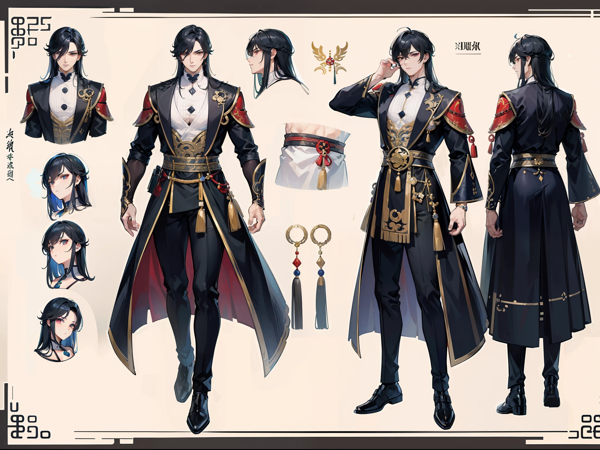 ((Masterpiece, Highest quality)), Detailed face, character design sheet,full body esbian, Full of details, frontal body view, back body view, Highly detailed, Depth, Many parts, Muscle boy with long black hair,handsome man, Traditional chinese clothes, Genshin Impact, man tall, pectoral muscles, abs