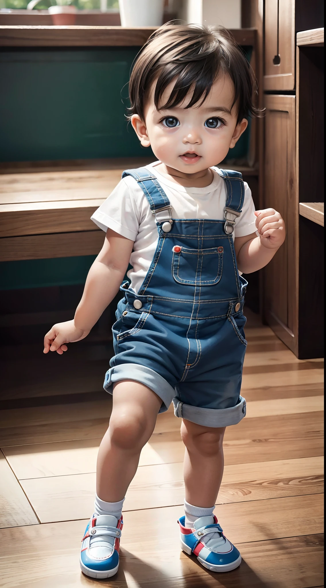 ultra high quality, ultra high definition, ultra sharpness, 8K, a very cute baby boy, 1 year old, wearing a children's overalls, portrait