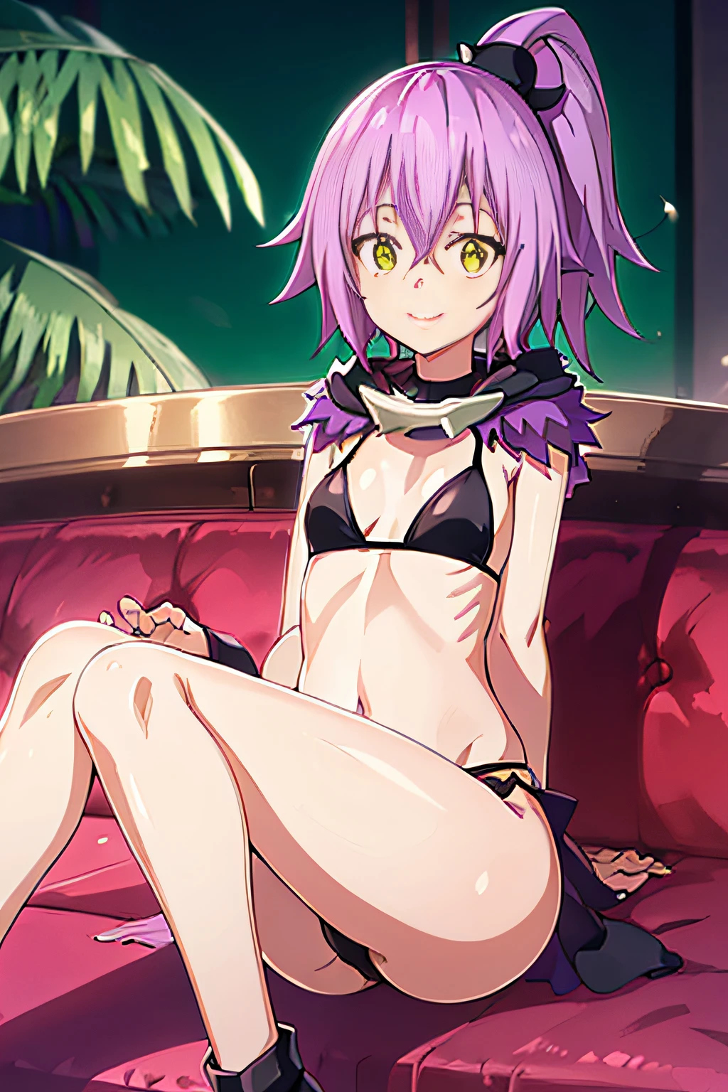 Uma garota de anime com cabelo roxo, 1 girl, sozinha, olhos verdes, sorriso maligno, olhar de psicopata, cabelo roxo, olhando para os telespectadores, ((sentada na piscina)), short black bikini, pernas musculosa, barriga musculosa, 8k, tensura, ultima, ((fotografia de corpo inteiro)), mostrando as pernas musculosa, ultra detalhe