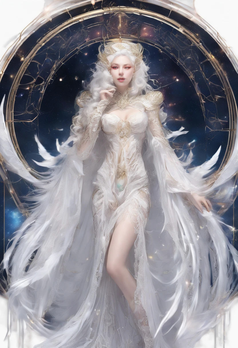 sisterhood, silber hair, Angel wings made of feathers, elf-ears, Transparent finish, Realistic body lines, (((Many long white lace bales flutter in the wind))), (Silk Gold and Silver Lingerie), church stained glass, Church candles, albino
