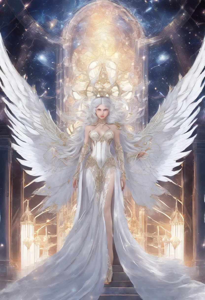 sisterhood, silber hair, Angel wings made of feathers, elf-ears, Transparent finish, Realistic body lines, (((Many long white lace bales flutter in the wind))), (Silk Gold and Silver Lingerie), church stained glass, Church candles, albino