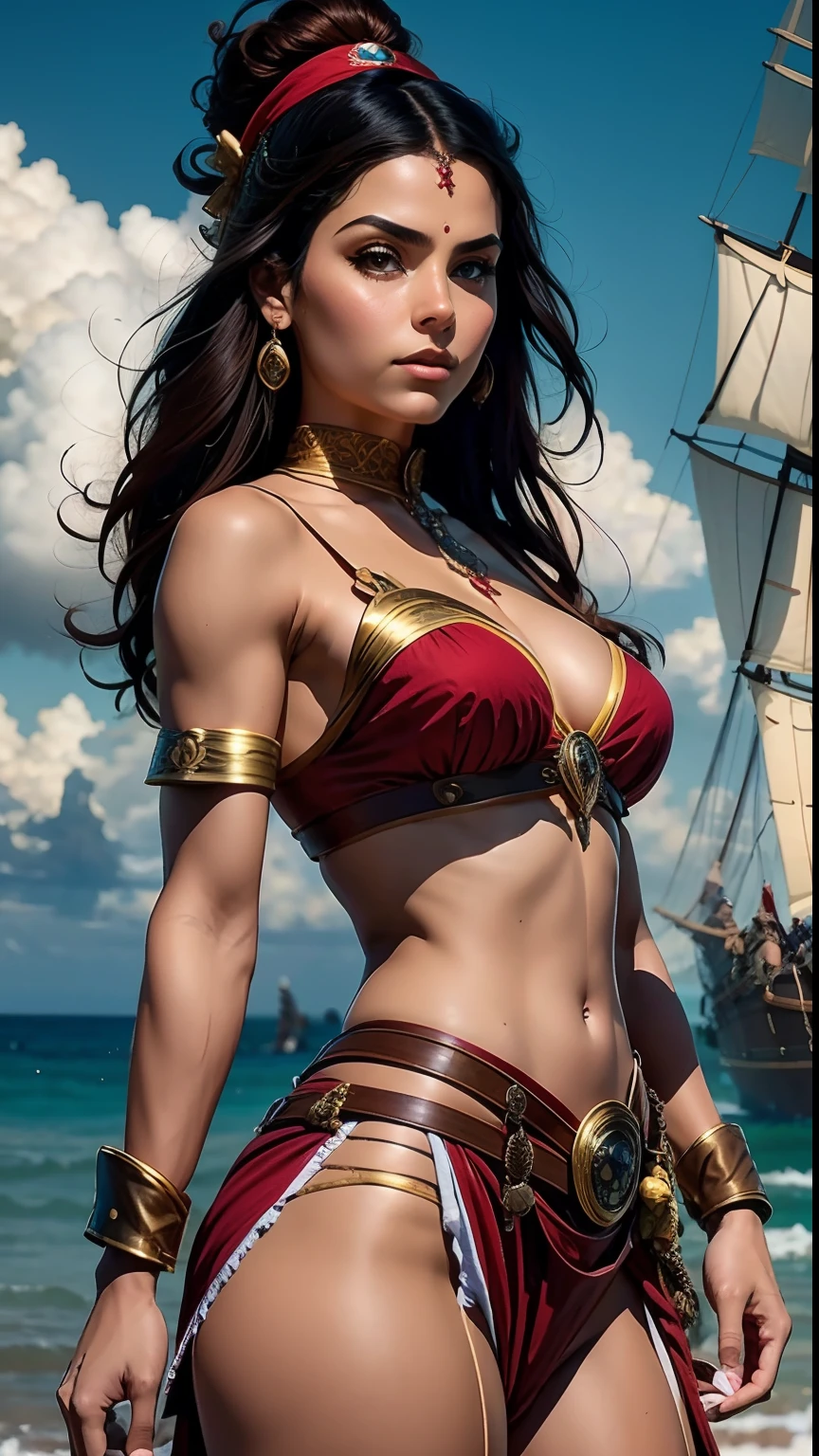 Arte ricamente inspirada em john Buscema,1mulher pirata de longos e ondulados cabelos negros, olhar selvagem, middlebreasts, corpo delgado usando traje pirata sensual.pose sugestiva empunhando uma espada afiada na proa do navio pirata, Features red bandana on head, ornate ruby waist belt, muito bonita