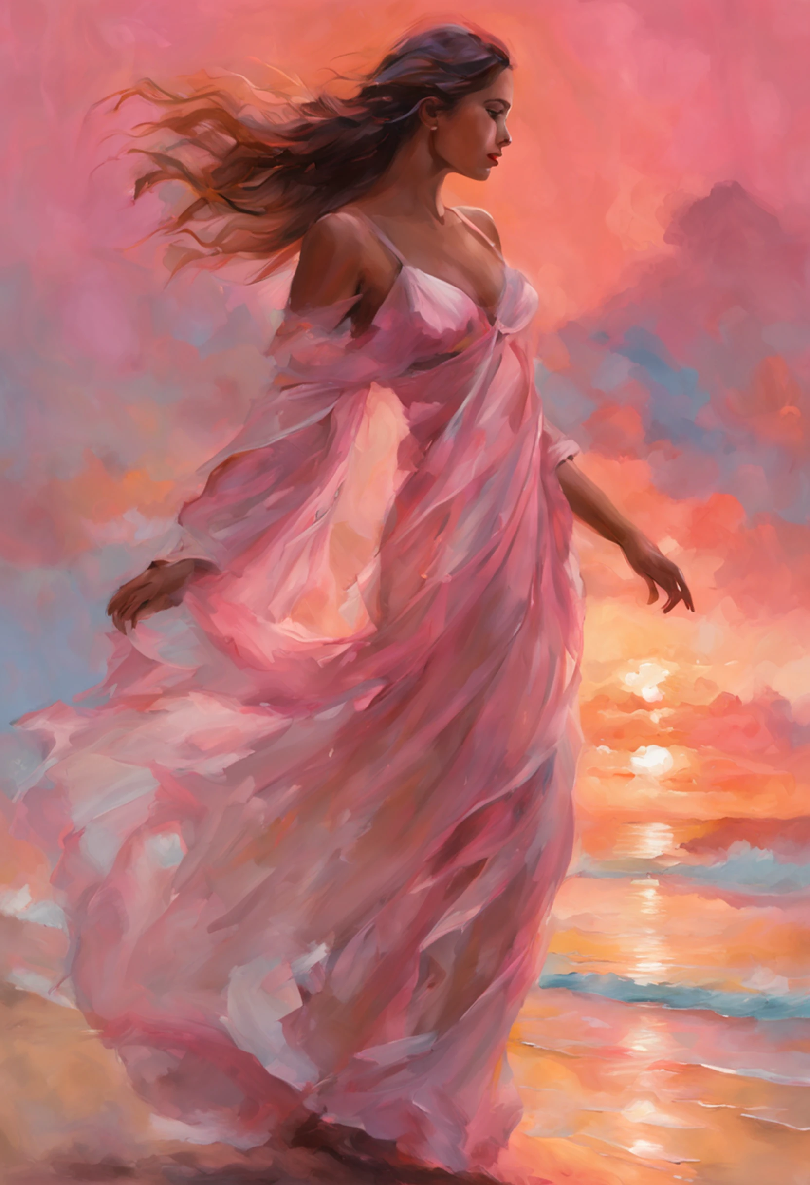 (master part, high resolution, illustration:1.2), Radiant young woman in a flowing dress, (Graceful and ethereal presence:1.1), (sol dourado afundando sob o horizonte:1.2), (suave brisa do mar acariciando suas bochechas:1.2), (Praia tranquila e isolada com palmeiras:1.1), (Pastels painting the sky in shades of pink and orange:1.2), (ondas suaves que atingem a costa arenosa:1.1), (gaivotas deslizando pelo ar:1.2), a moment of enchantment and serenity in the paradisiacal Maldives, Artistic details, Captivating composition.
