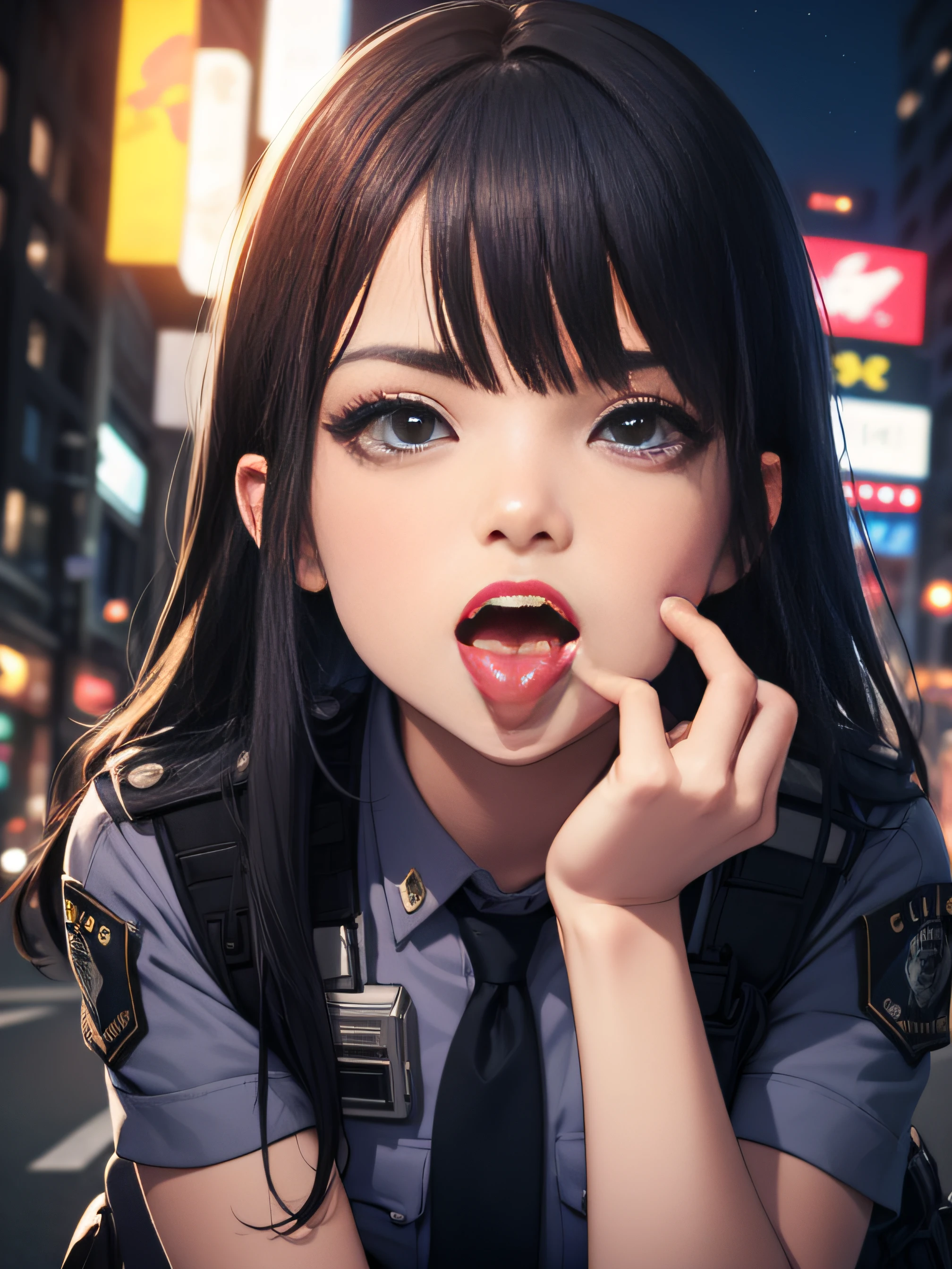 Solo, (Police Uniform, policewoman), Stockings, City lights, (gaze at the audience: 1.3), Lips apart, Red lips, Shiny skin, dent in the skin, Best Quality, Ultra High Resolution, (Realism: 1.4),finger in another's mouth, open mouth, finger biting, finger sucking, licking, tongue, teeth, tongue out, pov, pov hands, saliva, tongue, nighttime