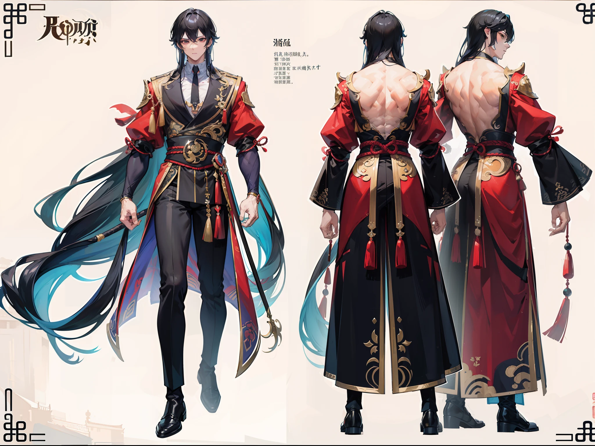 ((Masterpiece, Highest quality)), Detailed face, character design sheet，full body esbian, Full of details, frontal body view, back body view, Highly detailed, Depth, Many parts, Muscle boy with long black hair，handsome man,  Traditional chinese clothes, Genshin Impact, man tall, pectoral muscles, abs