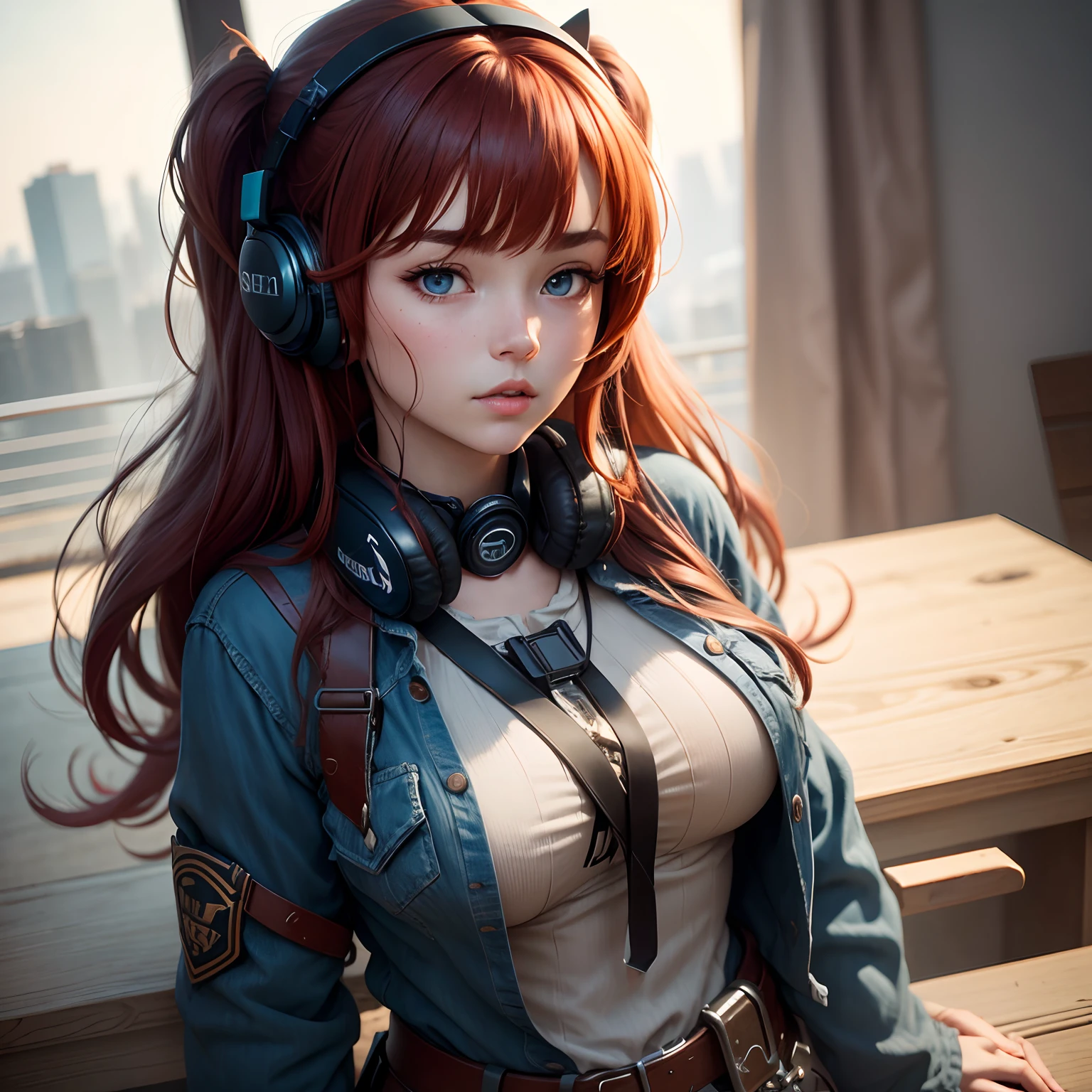 8k, masterpiece, best quality, realistic, higly detailed, cowboy shot, 1girl, solo, miku, emotionless looking girl, medium-length red hair, strands of hair hanging over the right side of her face, a set of wireless headphones that have a triangle-shaped logo on the ear cups around her neck, dark blue eyes, average height, well-endowed figure, large breasts, bangs cover her right eye, Selflessnesser