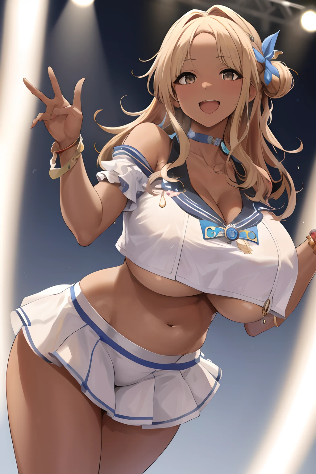 masterpiece, best quality, highres, hmhinana, long hair, single hair bun, hair ribbon, blue choker, idol, jewelry, collarbone, cleavage, dress, short sleeves, layered skirt, badge, smile, standing, cowboy shot, stage, open mouth, reaching out, (hyper breast, gigantic breast, huge breast), chubby, plump, navel, belly, (thong), crop top, underboob, (blonde hair:1.3), (dark skin:1.3), (dark-skinned female:1.3)