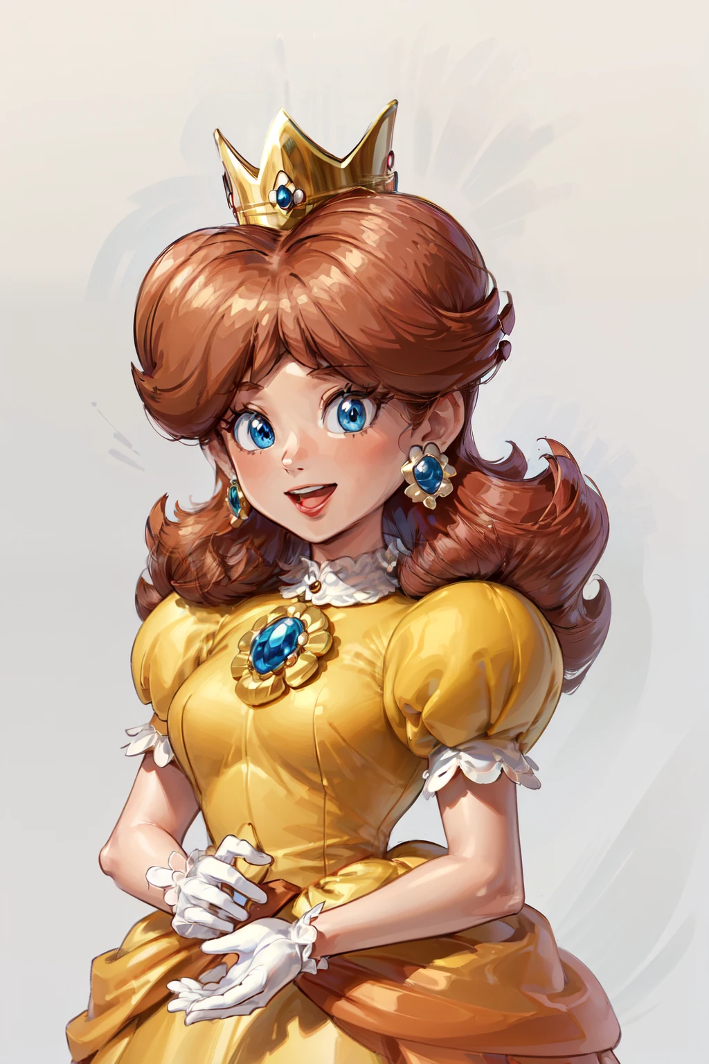 ((high detailed, best quality, 4k, masterpiece, hd:1.3)), dsy, chestnut hair, yellow dress, short puffy sleeves, white gloves, brooch, smile, open mouth, smooth skin, earrings, crown, outside, upper body, close-up,