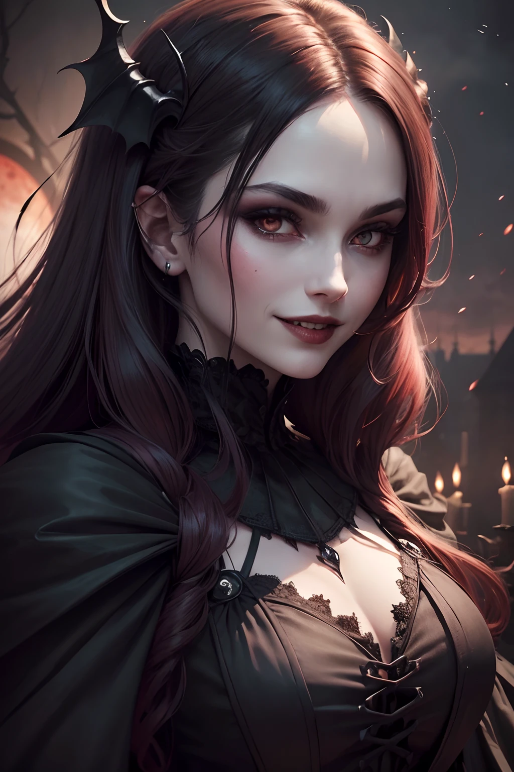 "((close up potrait)), Dark fantasy, gothic style, beautiful vampire queen, wearing a gothic-style dress, (with a bloodthirsty smile and blood on the face and body), and a blood moon in the background. The scene is set in a gothic castle with lots of shadow small bats, emphasizing the pale skin and glowing eyes."