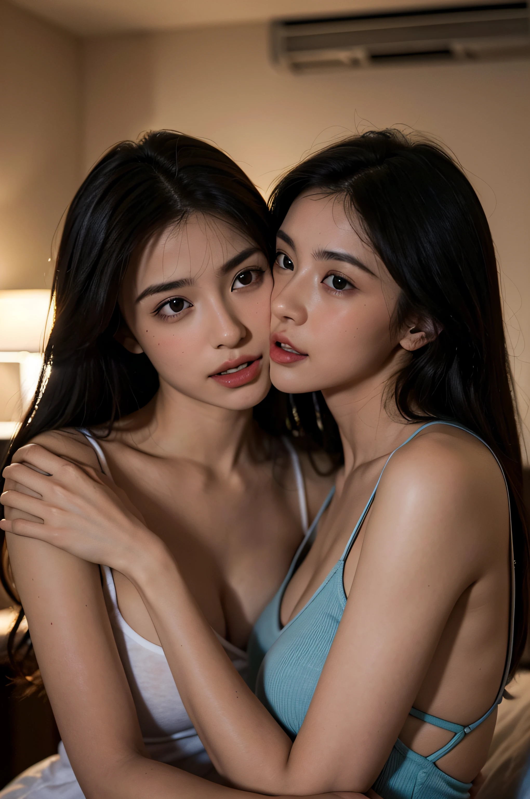 Two Hong Kong sisters in bed, hug, no bra, closeup selfie, beautiful face, black straight hair, soft lighting, hyper realistic, beautiful body