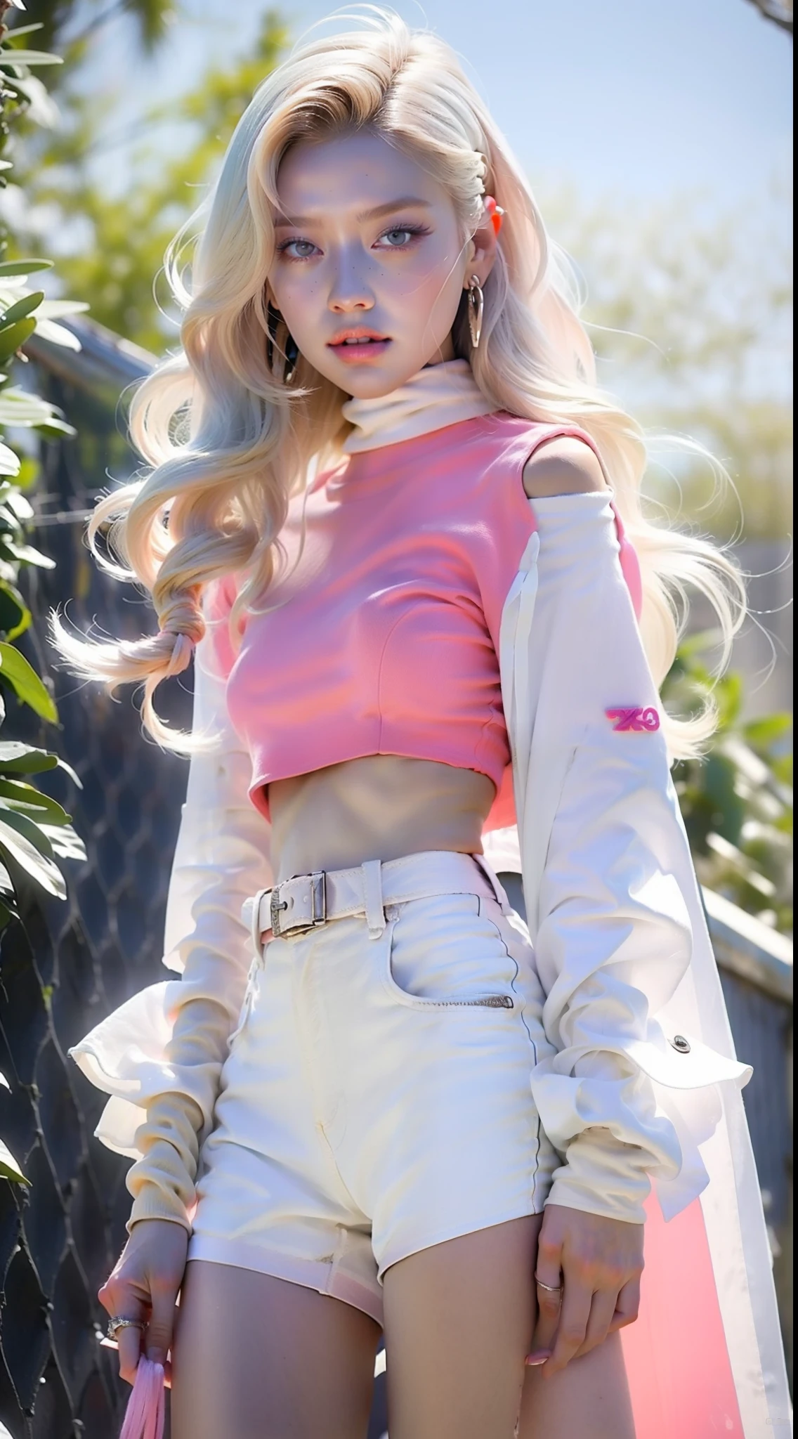 Woman, y2k outfit, 90s, main color white, pink color scheme, blonde long hair, lively themed park atmosphere, pale skin, pale skin, 8k, 64k, midshot, very sharp objects, everything is detailed