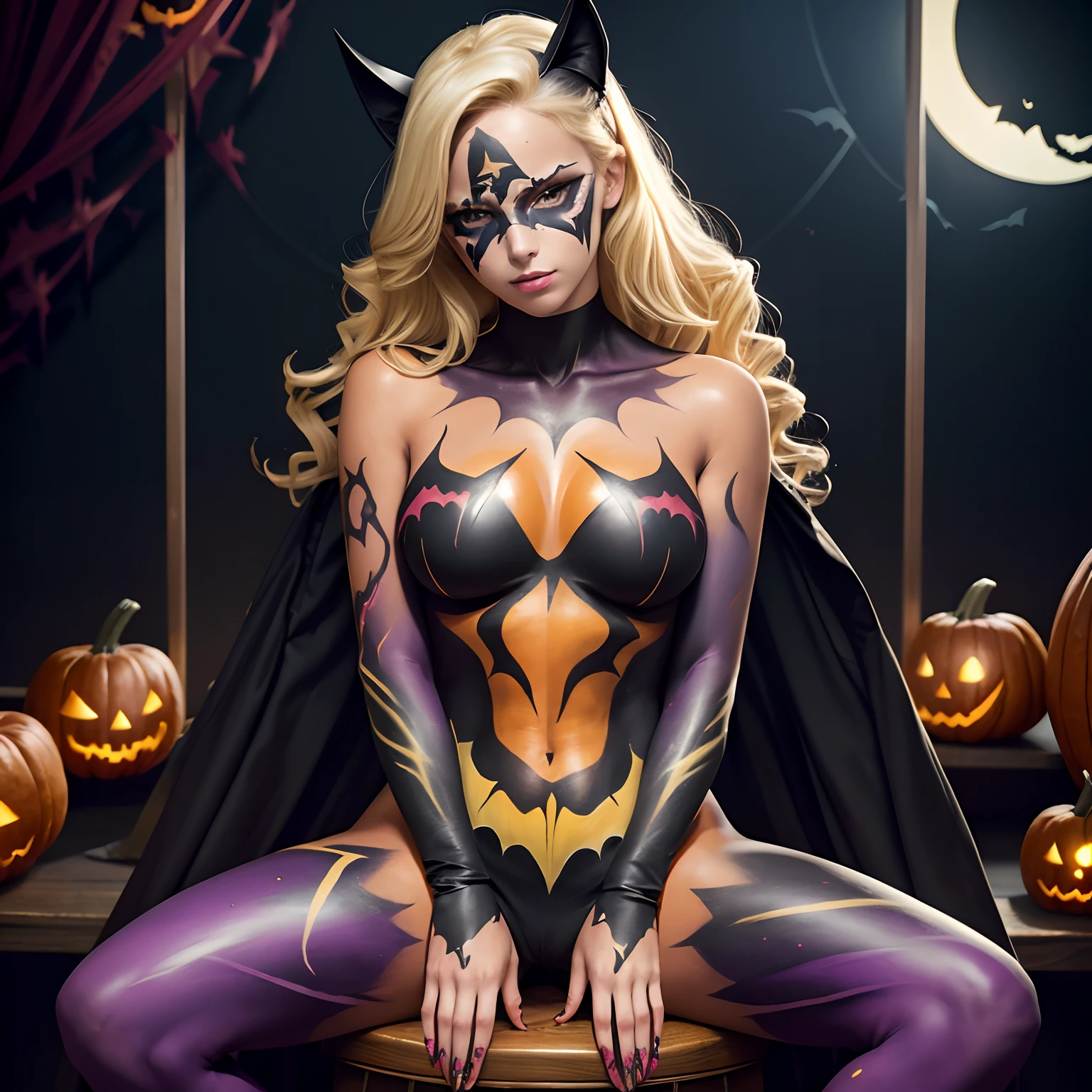 a stunning 19 year old American ((blonde)) girl at a Halloween party sitting on a barstool, sexy batwoman, (((body paint all over body costume))), shy, embarassed, (((hands between legs)))