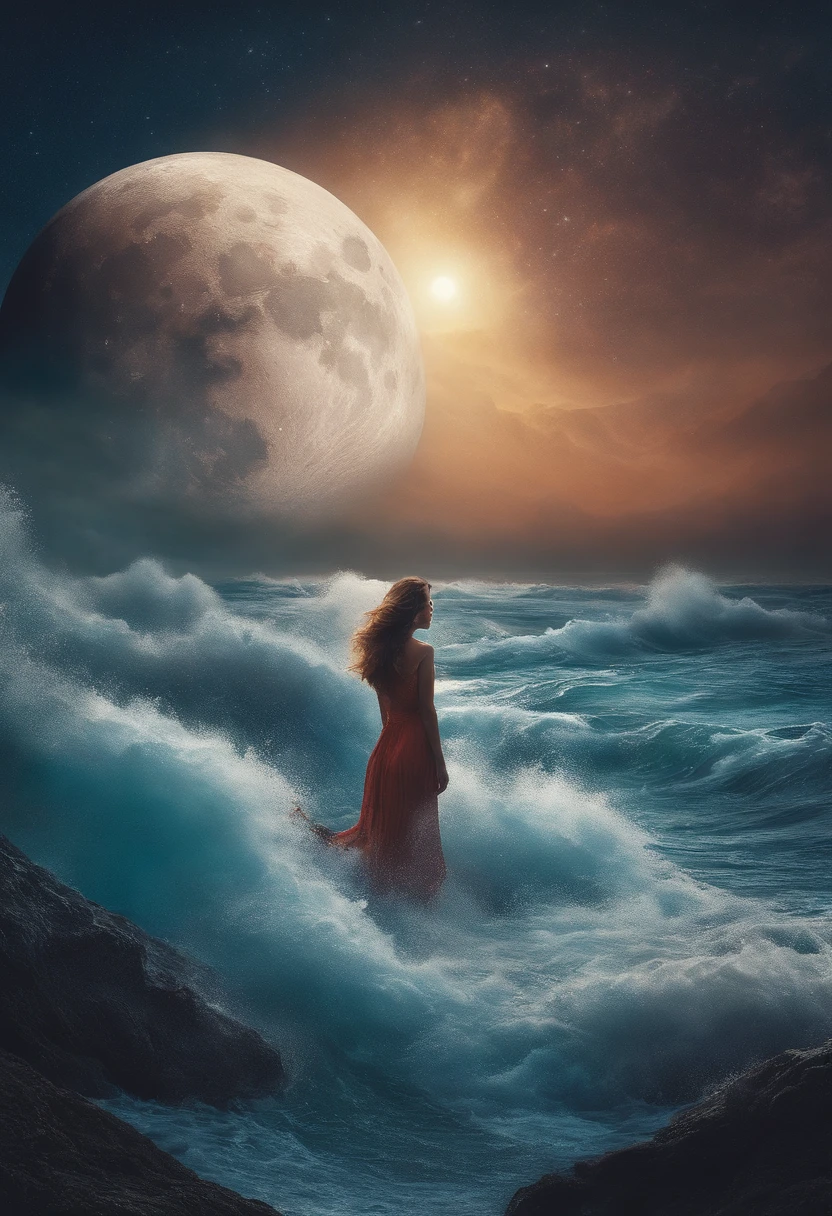 poderia, por favor, criar, a partir da deusa Jaci, Her being the Moon itself commanding the seas of planet Earth? Being totally an image production in drawing