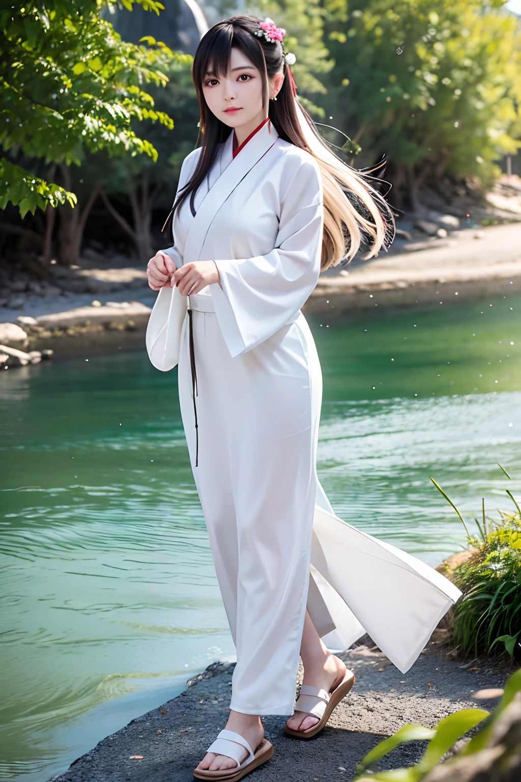 A 20-year-old woman,Wear white Hanfu,Walk among the mountains and rivers of Guilin.
