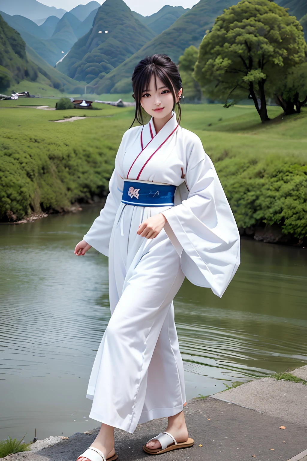 A 20-year-old woman,Wear white Hanfu,Walk among the mountains and rivers of Guilin.