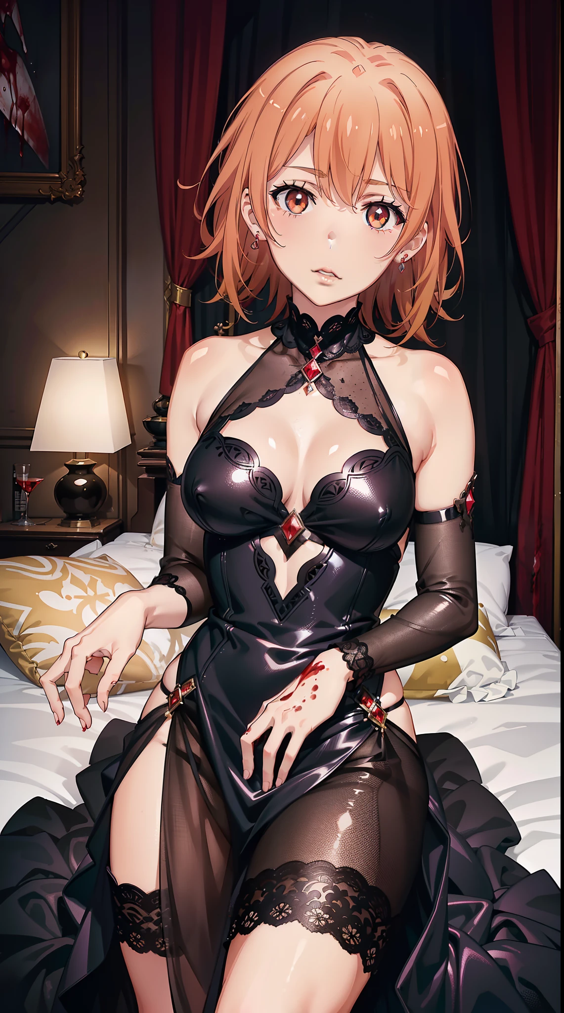 (best quality,4k,8k,highres,masterpiece:1.2), ultra-detailed, realistic:1.37, portraits, black dress, perfect anatomy, isshiki iroha, yuigahama yui, only females, detailed eyes, detailed lips, long eyelashes, beautiful face, natural beauty, intense expression, elegant posture, sensual, dark atmosphere, soft lighting, vivid colors, smooth skin, shiny hair, flowing dress, delicate features, (((bloody girl, blood, sadistic, the girl is a torturer)))