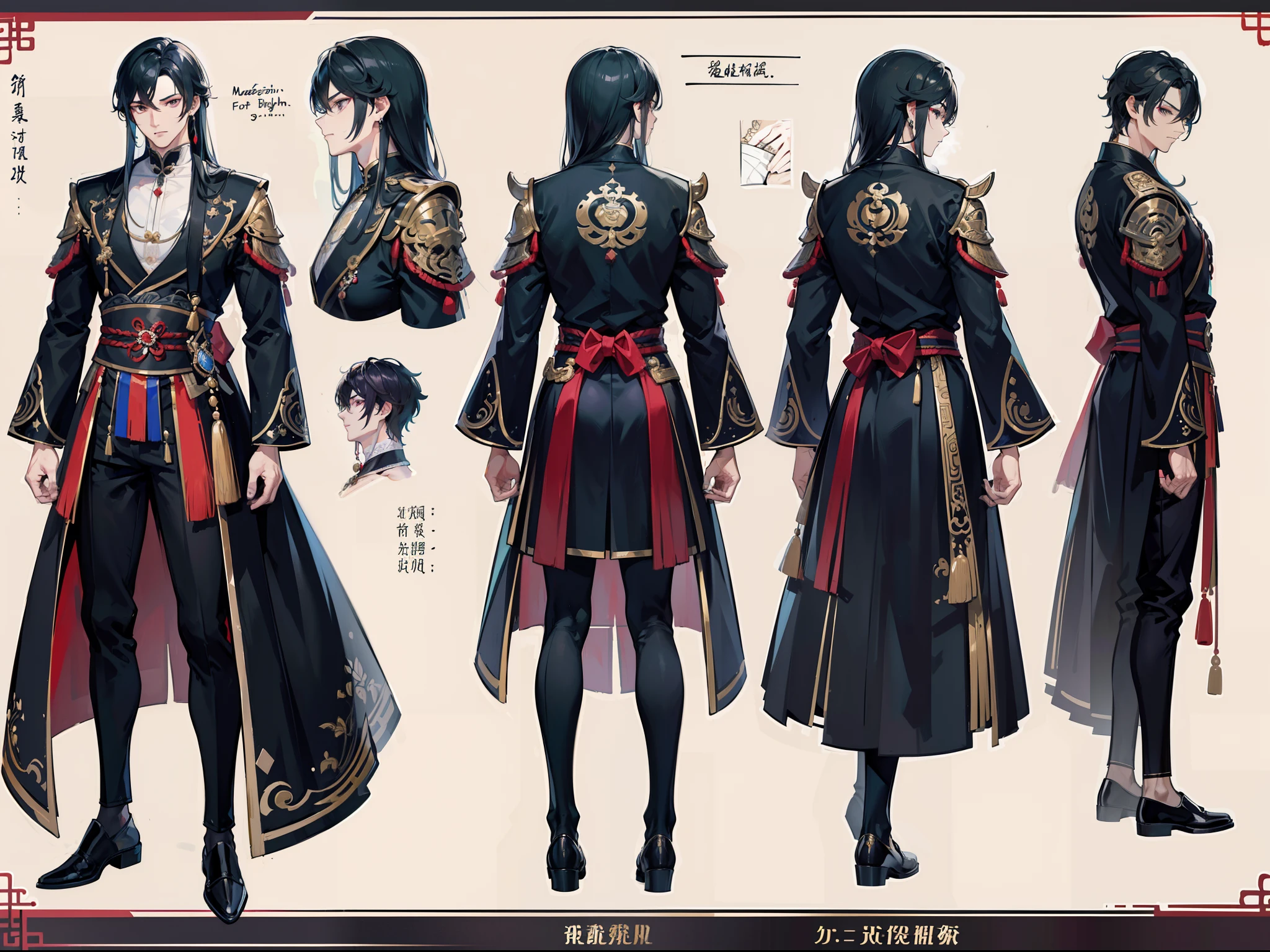 ((Masterpiece, Highest quality)), Detailed face, character design sheet, full bodyesbian, Full of details, frontal body view, back body view, Highly detailed, Depth, Many parts, Muscle boy with black long hair,handsome man, Traditional chinese clothes, Genshin Impact, man tall