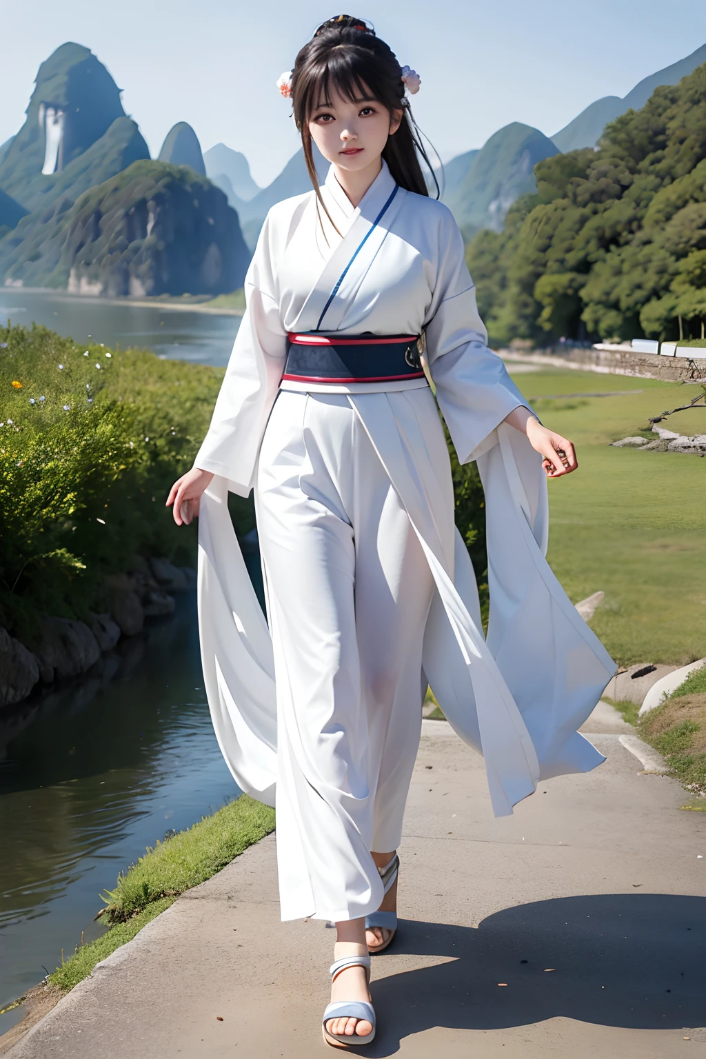 A 20-year-old woman,Wear white Hanfu,Walk among the mountains and rivers of Guilin.