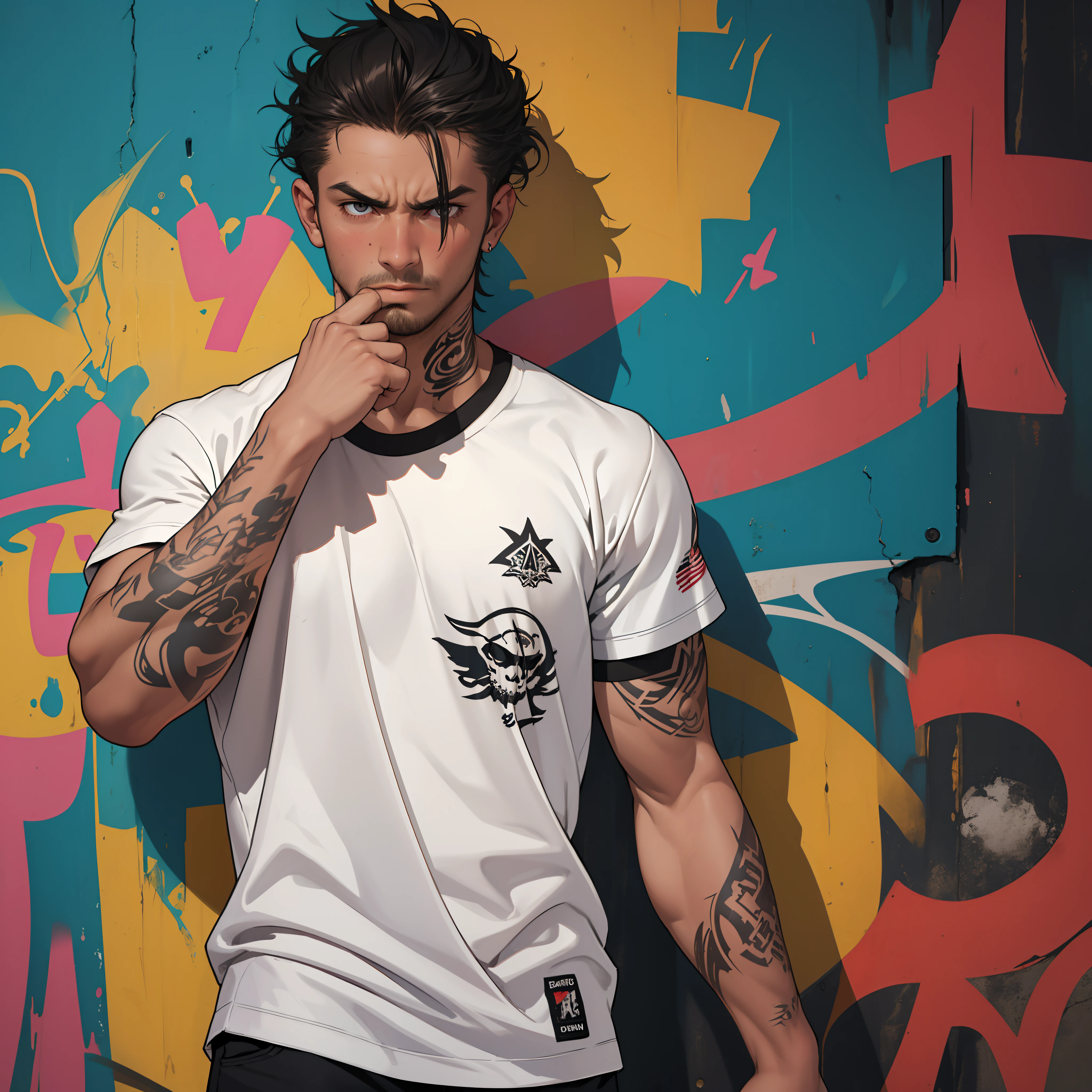 young Mexican guy, tan skin, grunge graffiti scene, light body hair, covered in tattoos, ((athletic small)), badass, bad attitude, scowling, ((he is solo)), ((he is alone)), wearing bad bunny clothing, shirtless