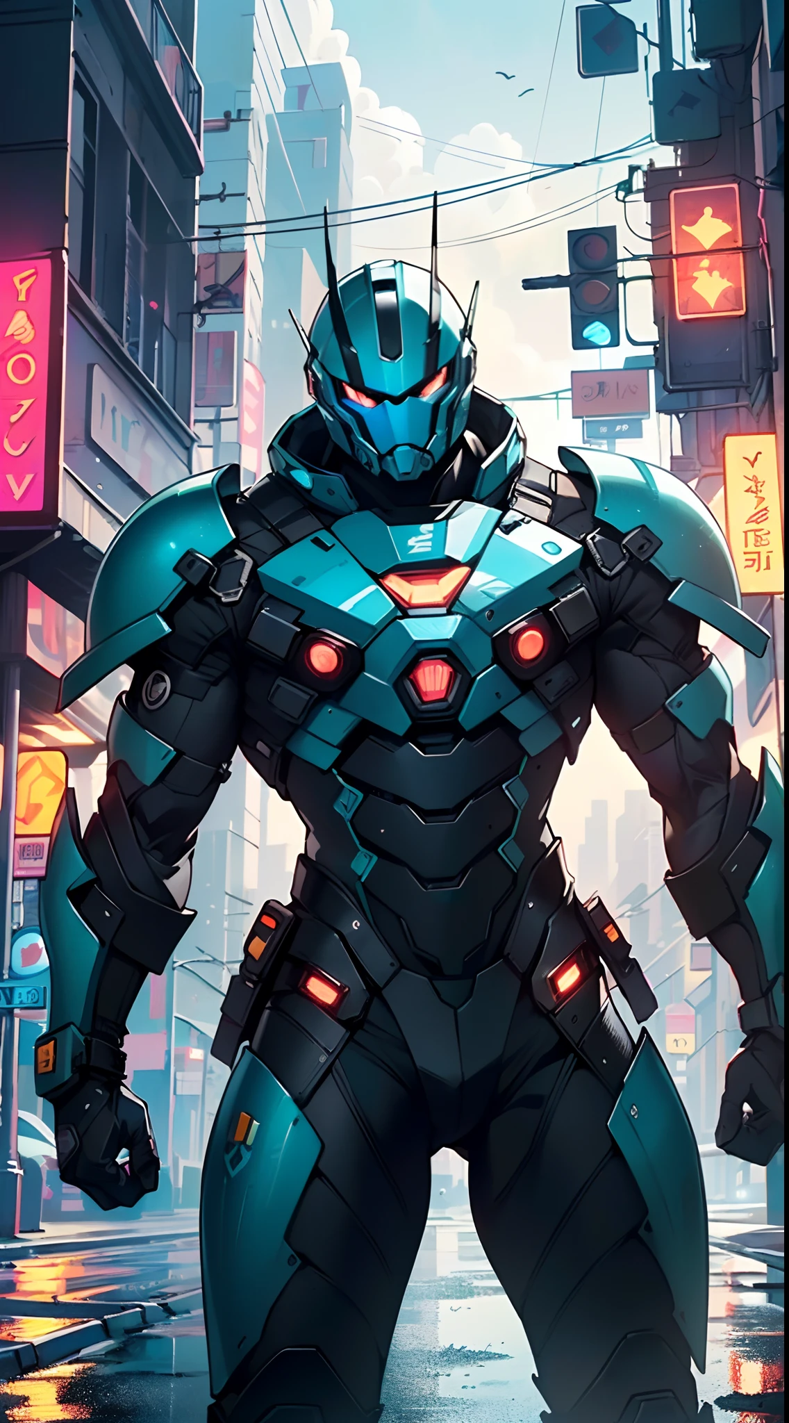 (man:1.5),muscular man in mecha armor,(((1man))),((man muscular in mecha armor)),

((exaggerated muscles,exaggerated shoulders,very muscular and huge)),man chest,((((muscular,muscular man,tall,big biceps,abs,big thighs,broad shoulders)))),

mandalorian helmet,underwater armor,mecha armor,full of weapons,((LED lights, RGB lights,black and neon blue armor)),((wet armor,intricate armor,detailed armor)),

(dynamic pose:1.0),solo focus,(centered,scale to fit dimensions,Rule of thirds),

cyberpunk city by the ocean at night, with bright neon signs and dark stormy clouds and puddles, scenery:1.25,

highres, sharp focus, (ultra detailed, extremely detailed), (photorealistic artwork:1.37),(extremely detailed CG unity 8k wallpaper),((synthwave background theme)),(((vibrant colors))),(intricate background),(masterpiece),(best quality),