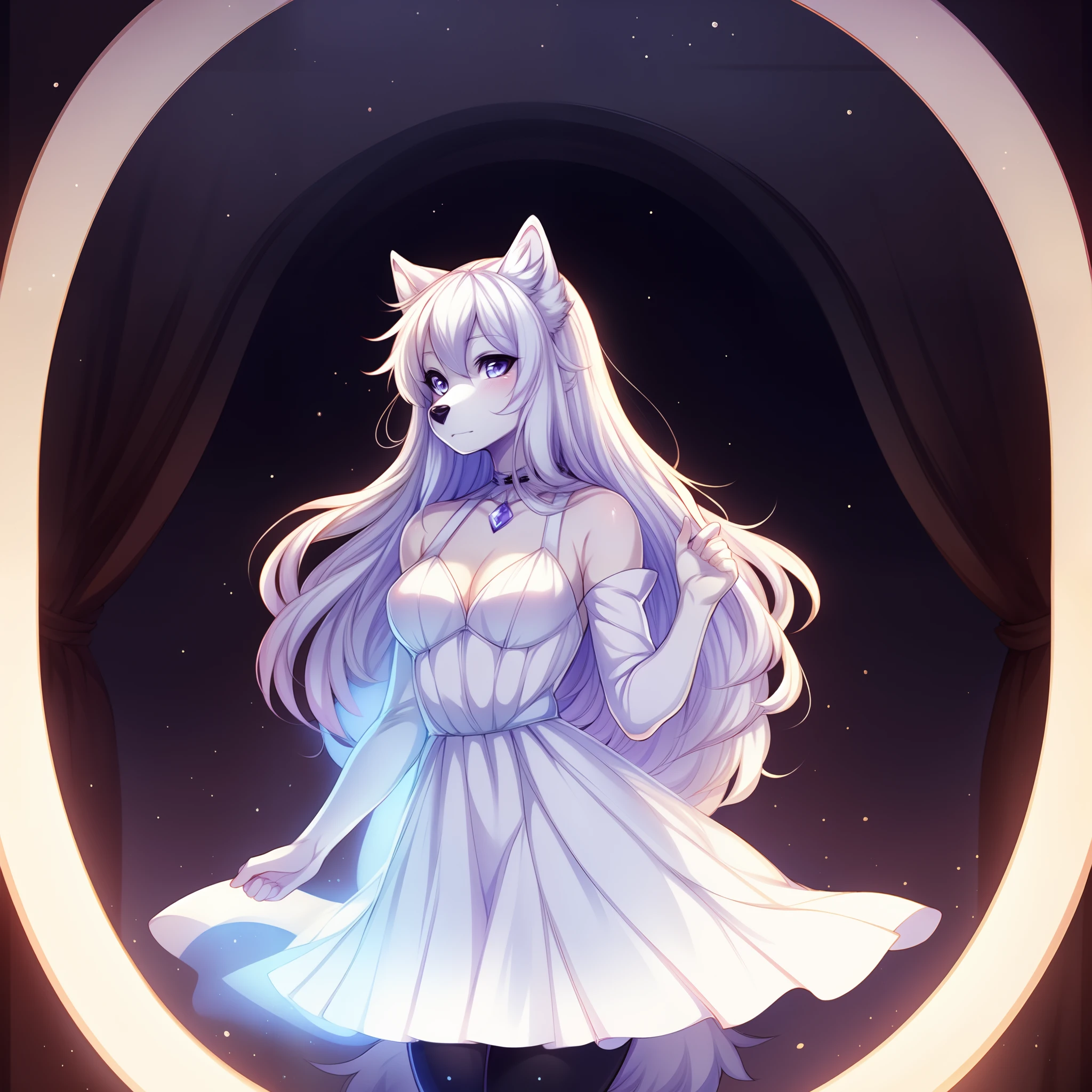 Naomi, white anthro wolf ghost, black nose, cute snout, milky white eyes, all white eyes, ephemeral, white revealing dress, floating, transparent body, in a haunted mansion, by tokifuji, by fumiko,