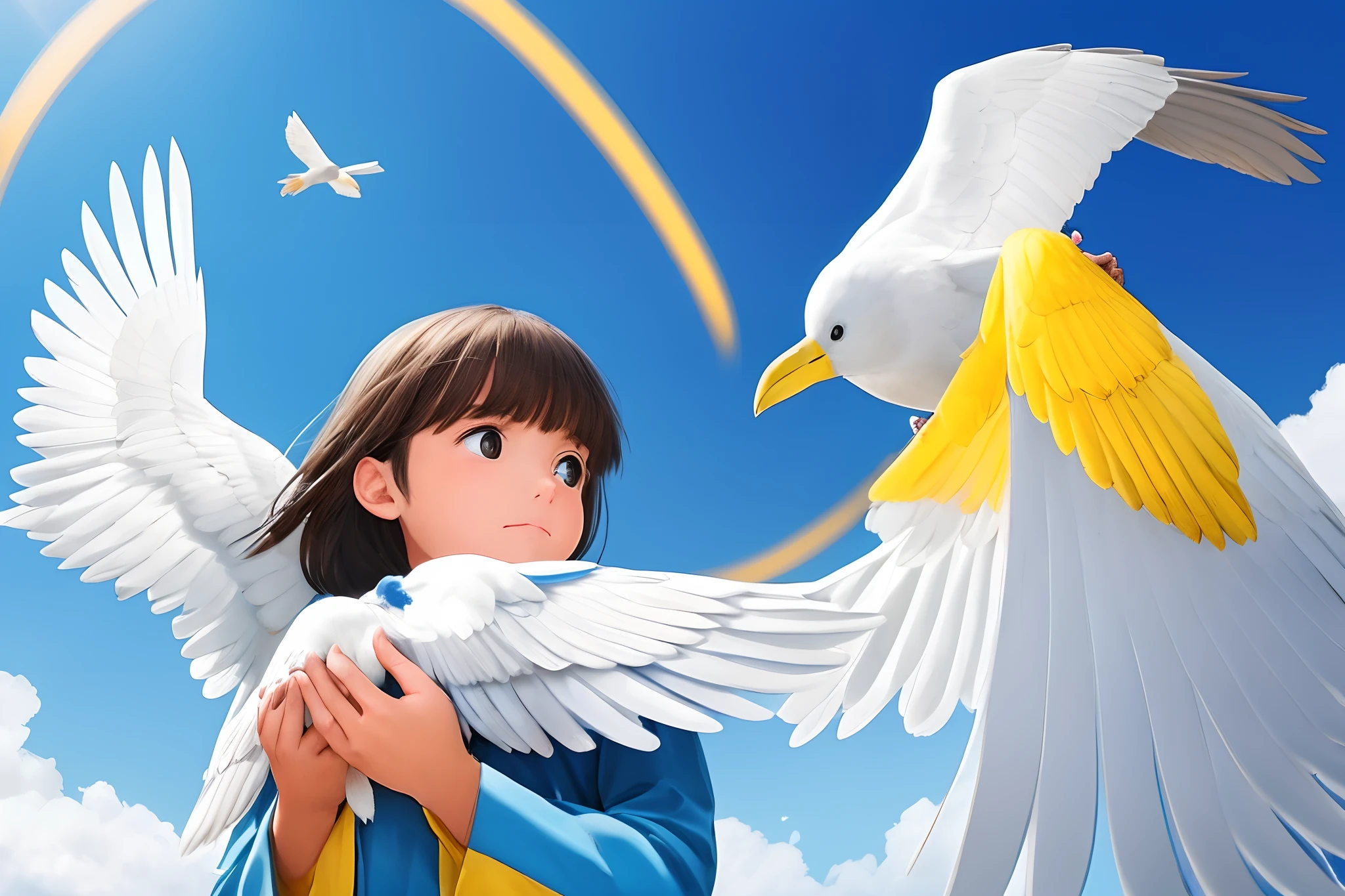 Show a scene where a young girl named Maria is gently picking up the injured white bird with blue and yellow wings with a worried expression on her face. She should be cradling the bird in her hands.Txt2Img