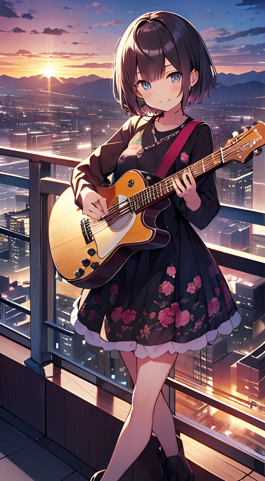 masutepiece, Best Quality,Illustration, Wallpaper, Ultra Detail, absurderes, 16 year old girl, Solo, (Medium short hair、plays the guitar、Face smile、Overlooking the city from the top of the hill、The sunset is beautiful