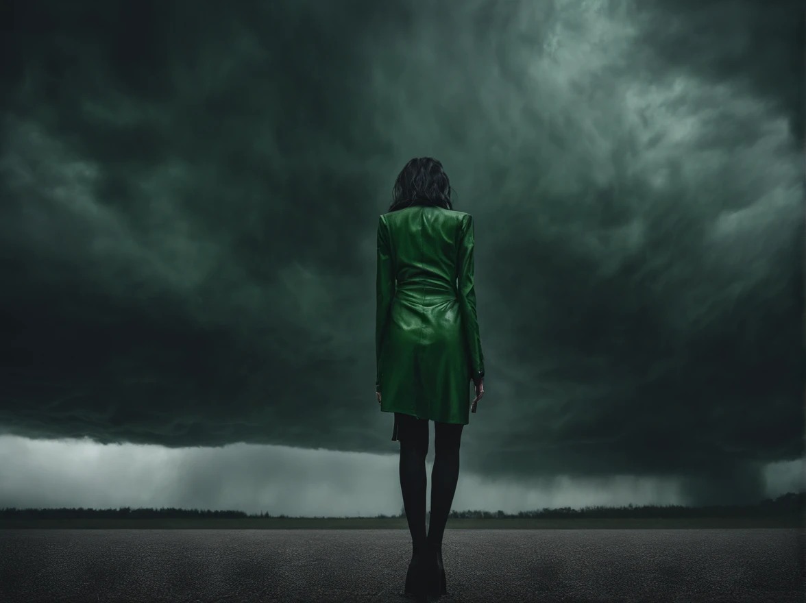 back view,  sexy (green skin) thicc woman's oiled butt, STANDING LEGS APART, dramatic angle, extreme angle shot, low-angle shot, wide-angle shot, dark moody storm-clouds sky background