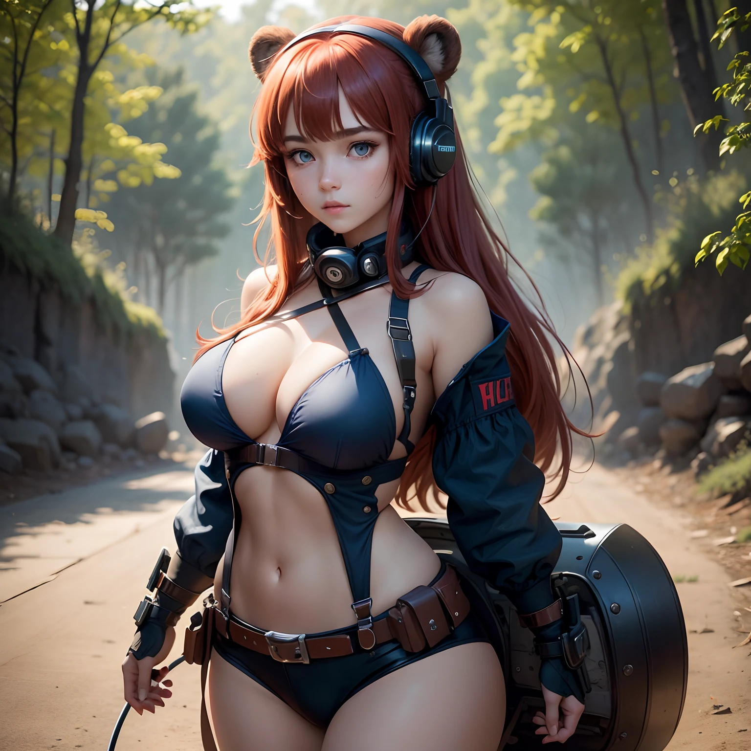 8k, masterpiece, best quality, realistic, higly detailed, cowboy shot, 1girl, solo, miku, emotionless looking girl, medium-length red hair, strands of hair hanging over the right side of her face, a set of wireless headphones that have a triangle-shaped logo on the ear cups around her neck, dark blue eyes, average height, well-endowed figure, large breasts, bangs cover her right eye, Bear of Sloth