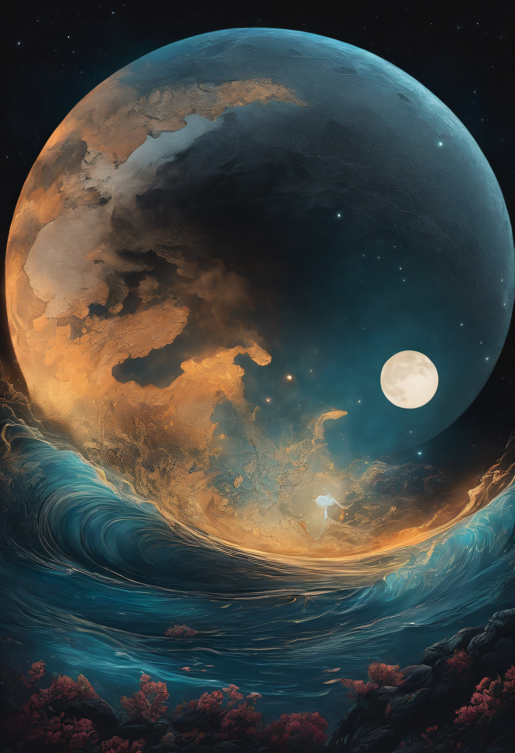 poderia, por favor, criar, a partir da deusa Jaci, Her being the Moon itself commanding the seas of planet Earth? Being totally an image production in drawing