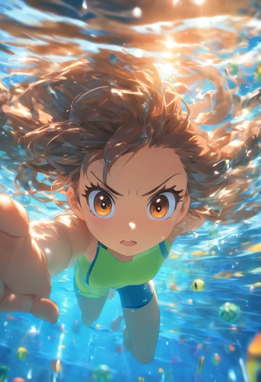 foreshortening, depth of field, masterpiece, best quality, 1girl, brown hair, brown eyes, long hair, underwater, air bubble, solo, looking at viewer, school swimsuit, swimming, dappled sunlight,